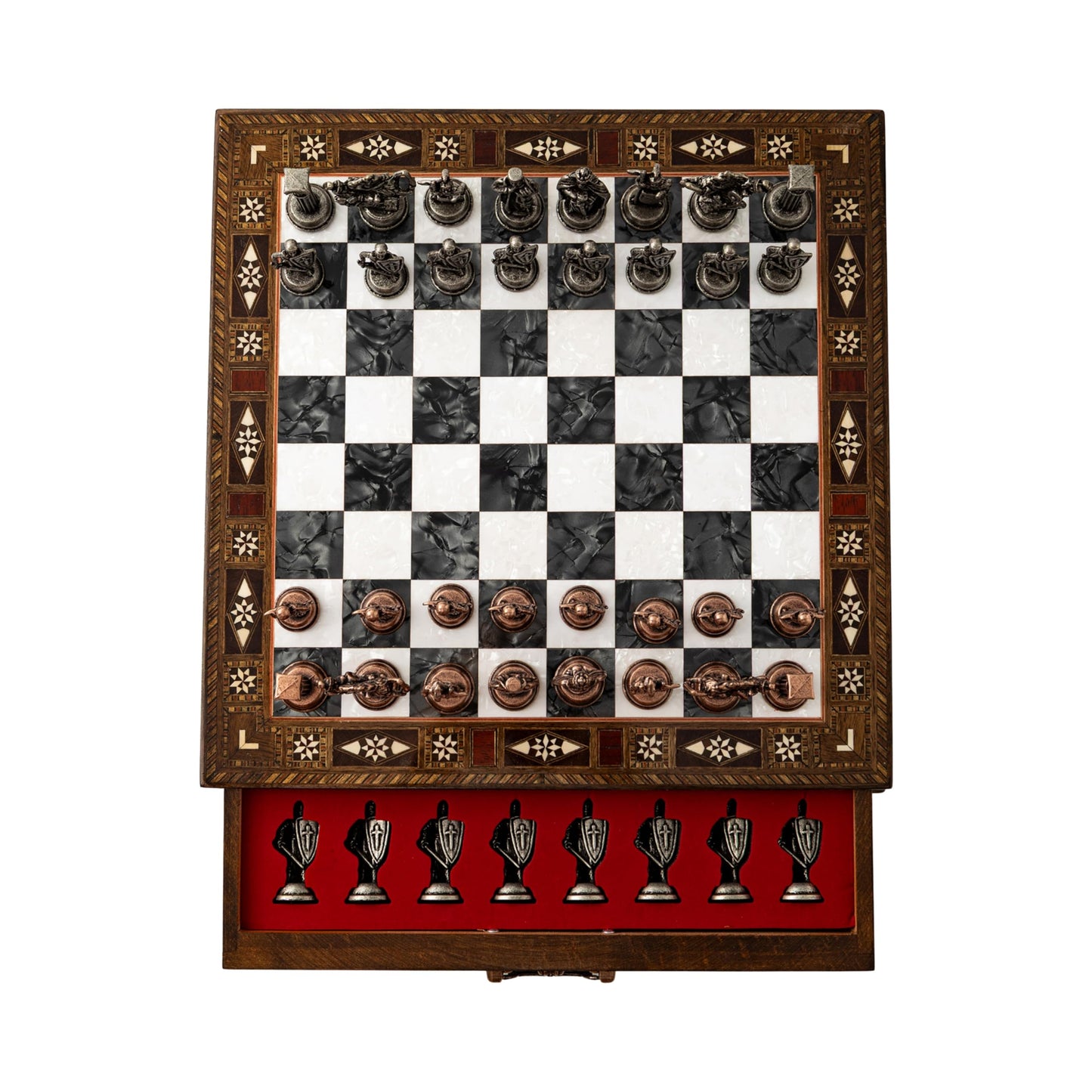 INTERIART 15'' Handmade Wooden Chess Set with British Army Metal Pieces – Luxury Storage Board