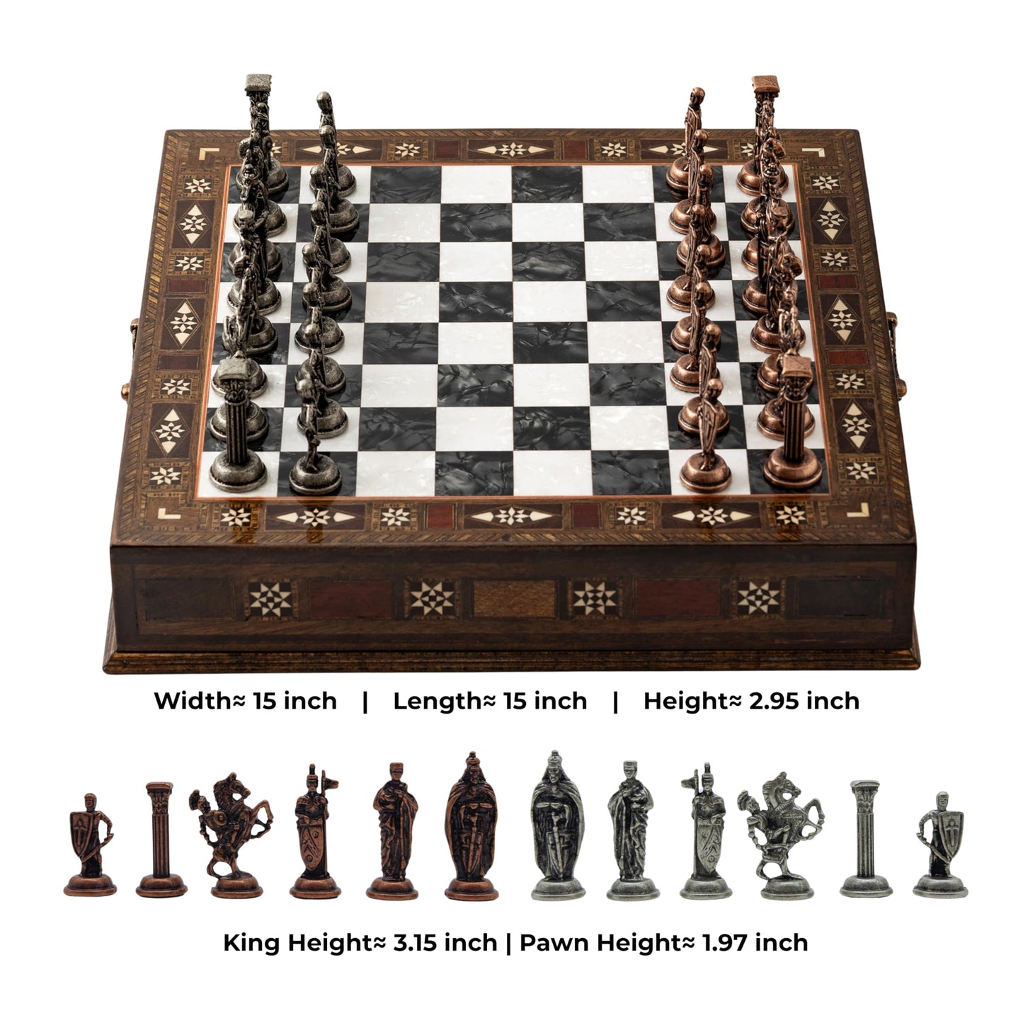 INTERIART 15'' Handmade Wooden Chess Set with British Army Metal Pieces – Luxury Storage Board