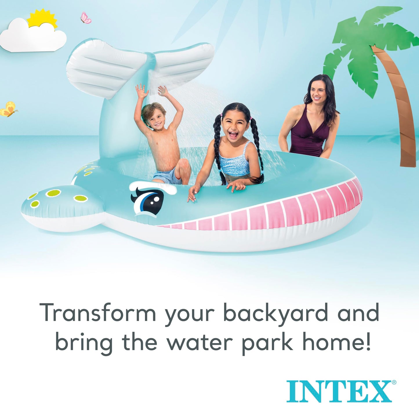 Intex 57440EP Inflatable Whale Spray Pool – 79x77x36 in, Kiddie Sprayer