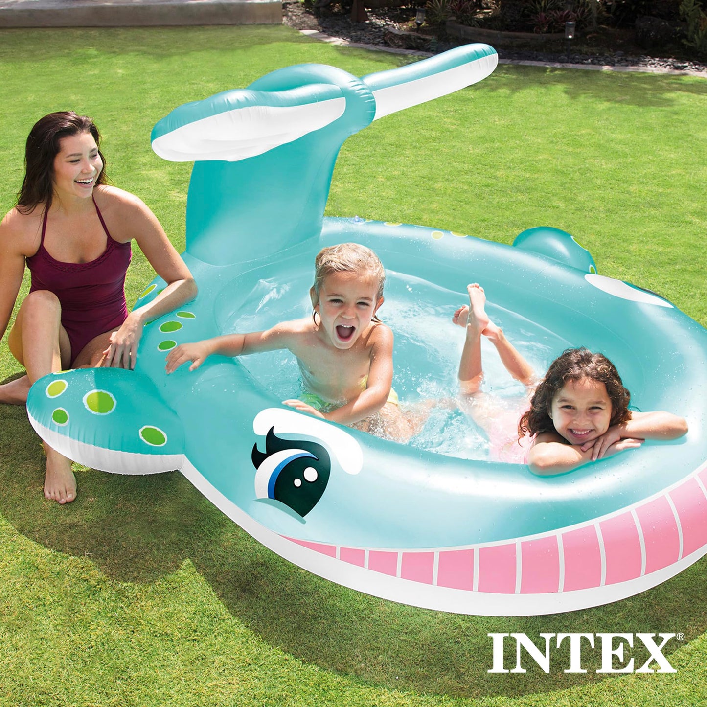 Intex 57440EP Inflatable Whale Spray Pool – 79x77x36 in, Kiddie Sprayer