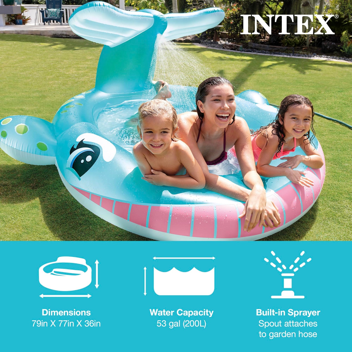 Intex 57440EP Inflatable Whale Spray Pool – 79x77x36 in, Kiddie Sprayer