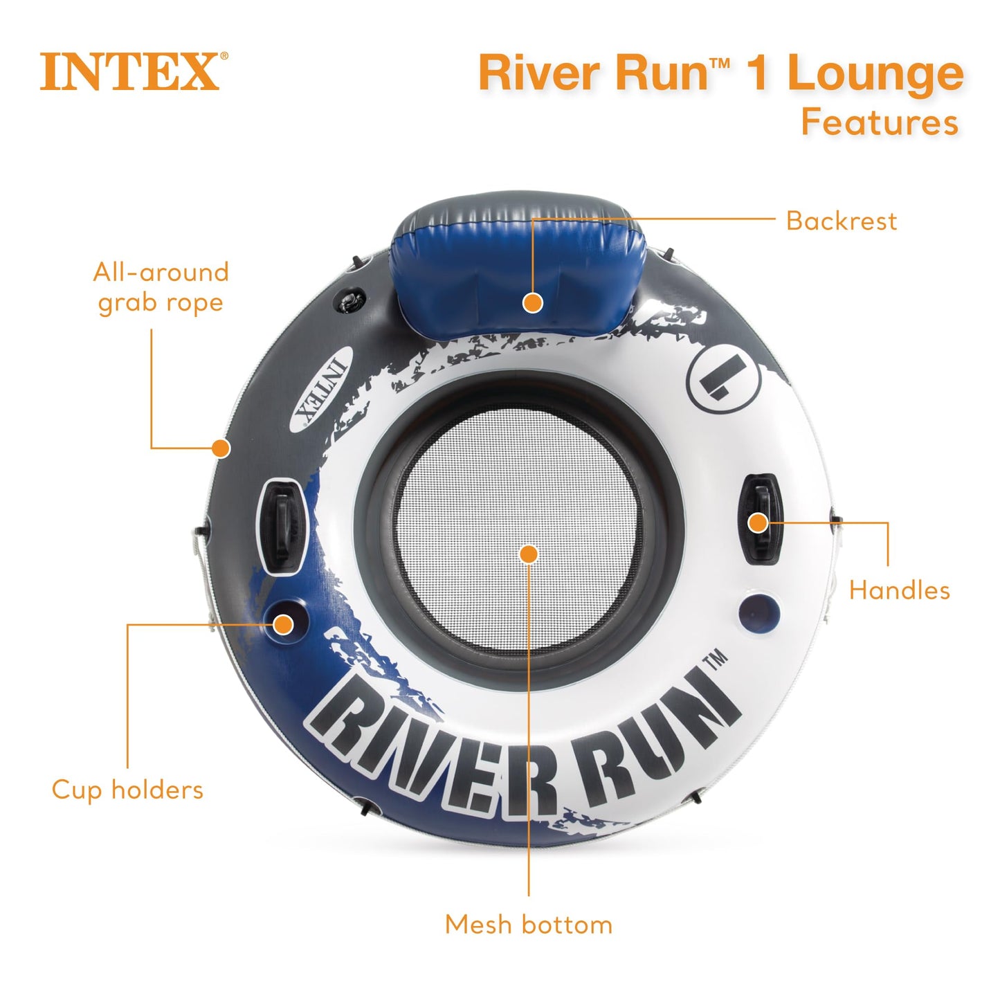 Intex River Run 1-Person Inflatable Floating Lounge Tube – Backrest, Cup Holders, Mesh Bottom (2 Pack)