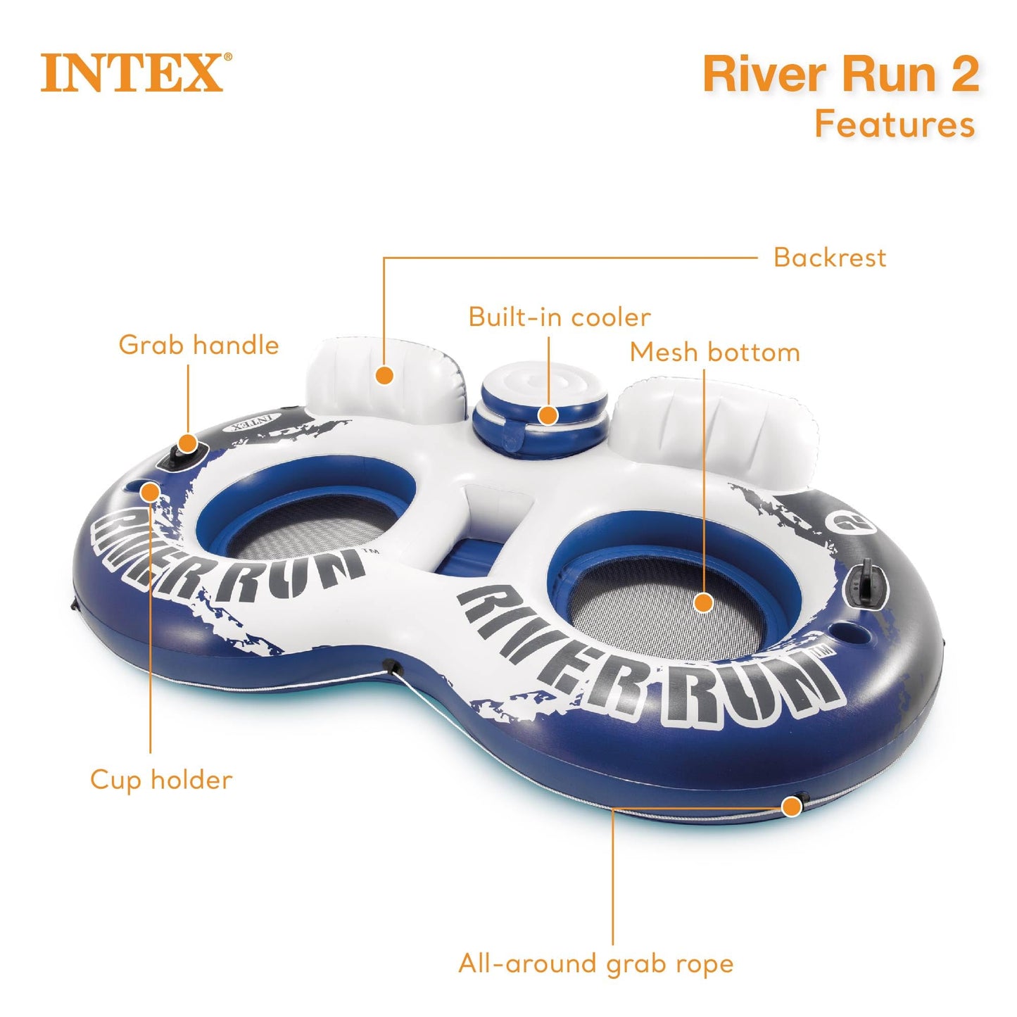 Intex River Run 2 Inflatable Floating Lounge – Backrests, Cup Holders, Cooler | 2 Person