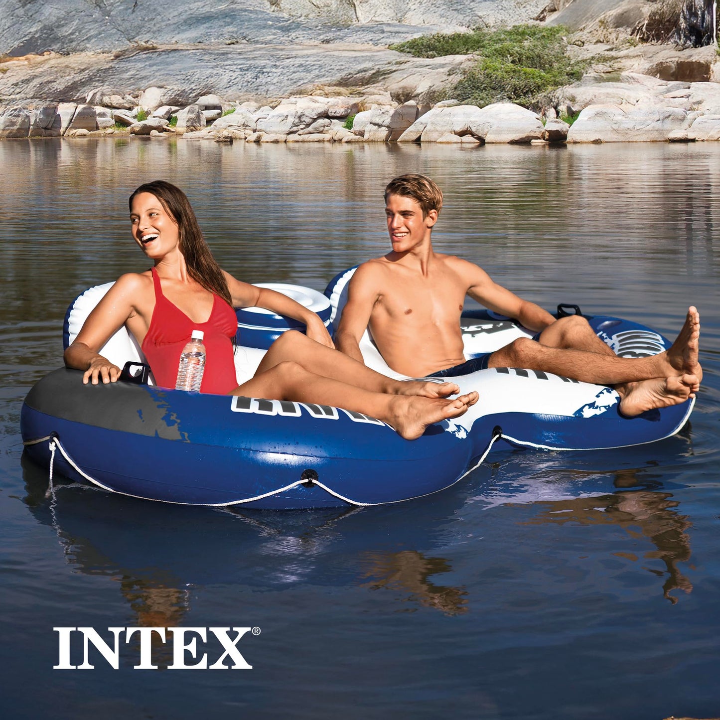 Intex River Run 2 Inflatable Floating Lounge – Backrests, Cup Holders, Cooler | 2 Person
