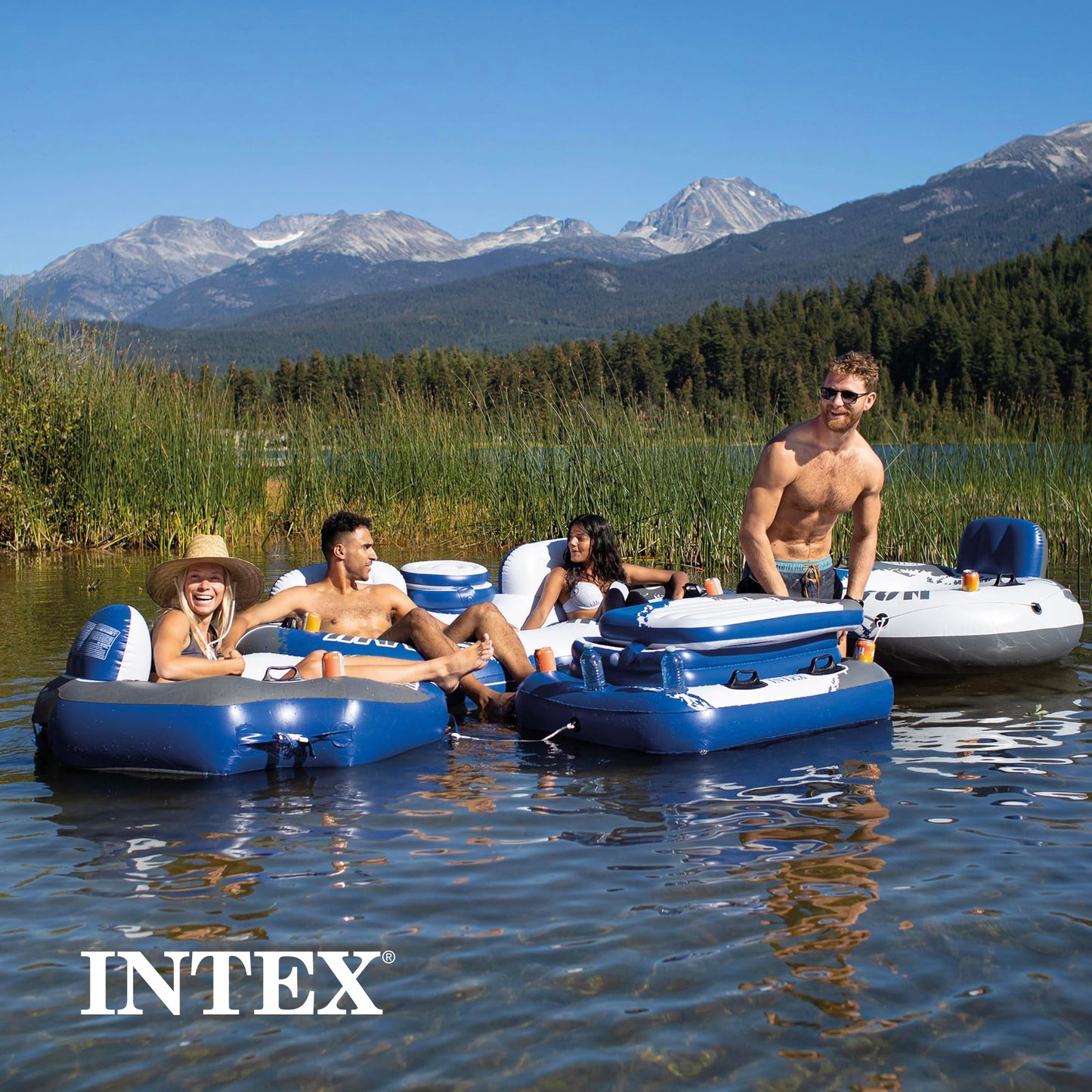 Intex River Run 2 Inflatable Floating Lounge – Backrests, Cup Holders, Cooler | 2 Person