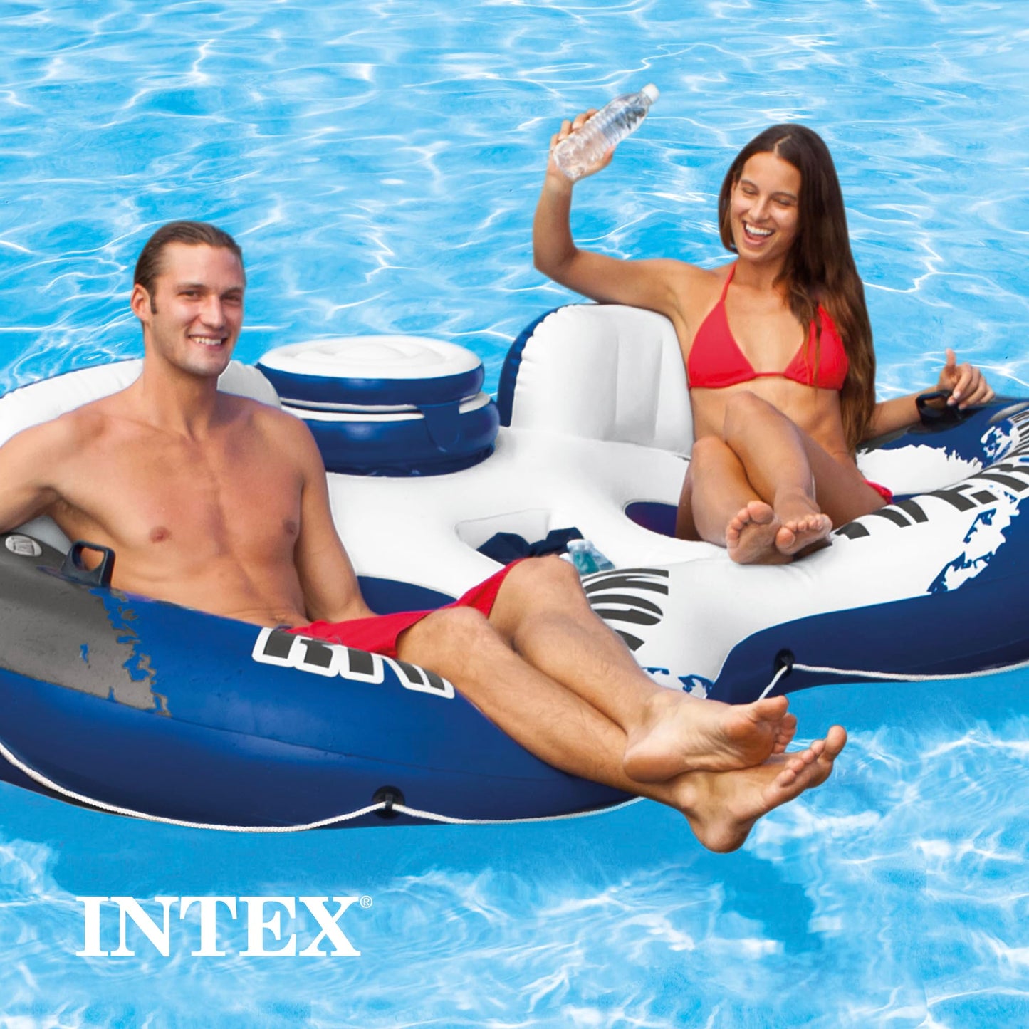 Intex River Run 2 Inflatable Floating Lounge – Backrests, Cup Holders, Cooler | 2 Person