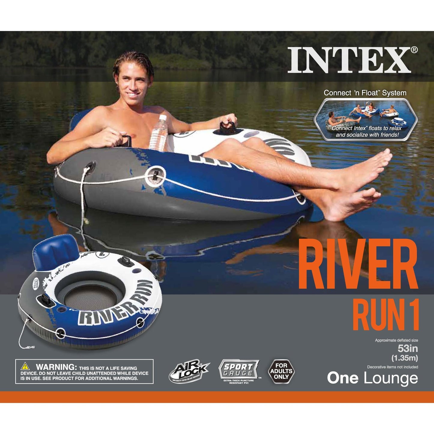 Intex River Run 1-Person Inflatable Floating Lounge Tube – Backrest, Cup Holders, Mesh Bottom (2 Pack)