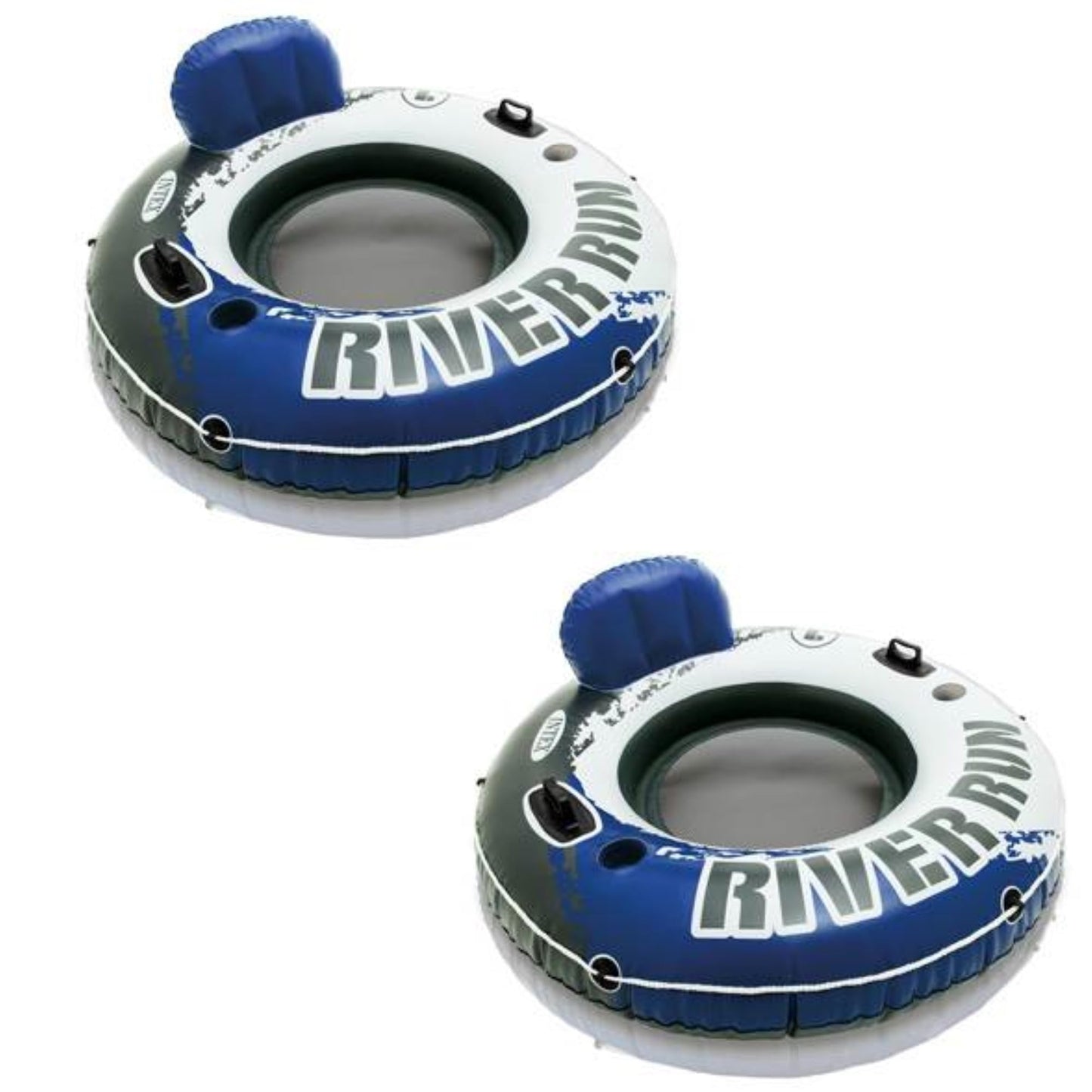 Intex River Run 1-Person Inflatable Floating Lounge Tube – Backrest, Cup Holders, Mesh Bottom (2 Pack)