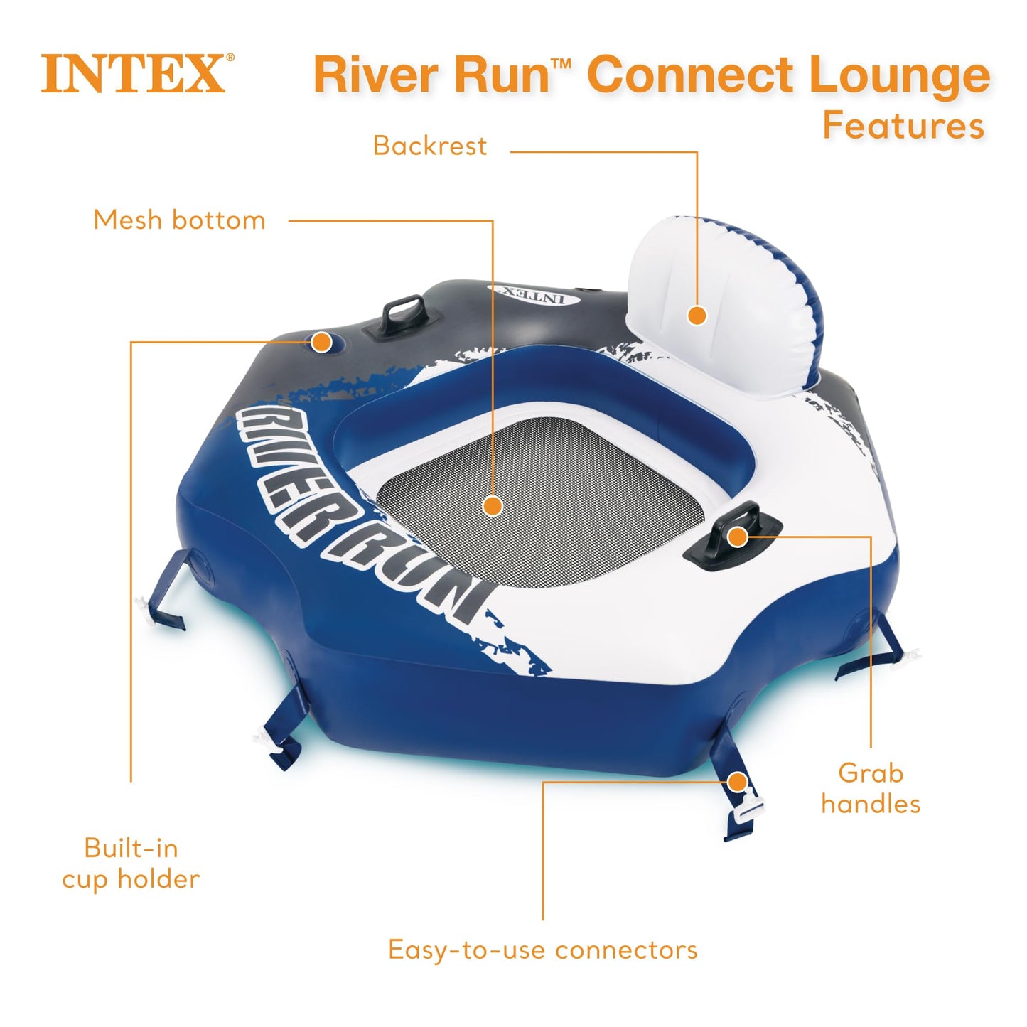 Intex 58854EP River Run Connect Inflatable Floating Lounge — Backrest, Cup Holder, Durable Handles, Connectors | 220 lb Capacity