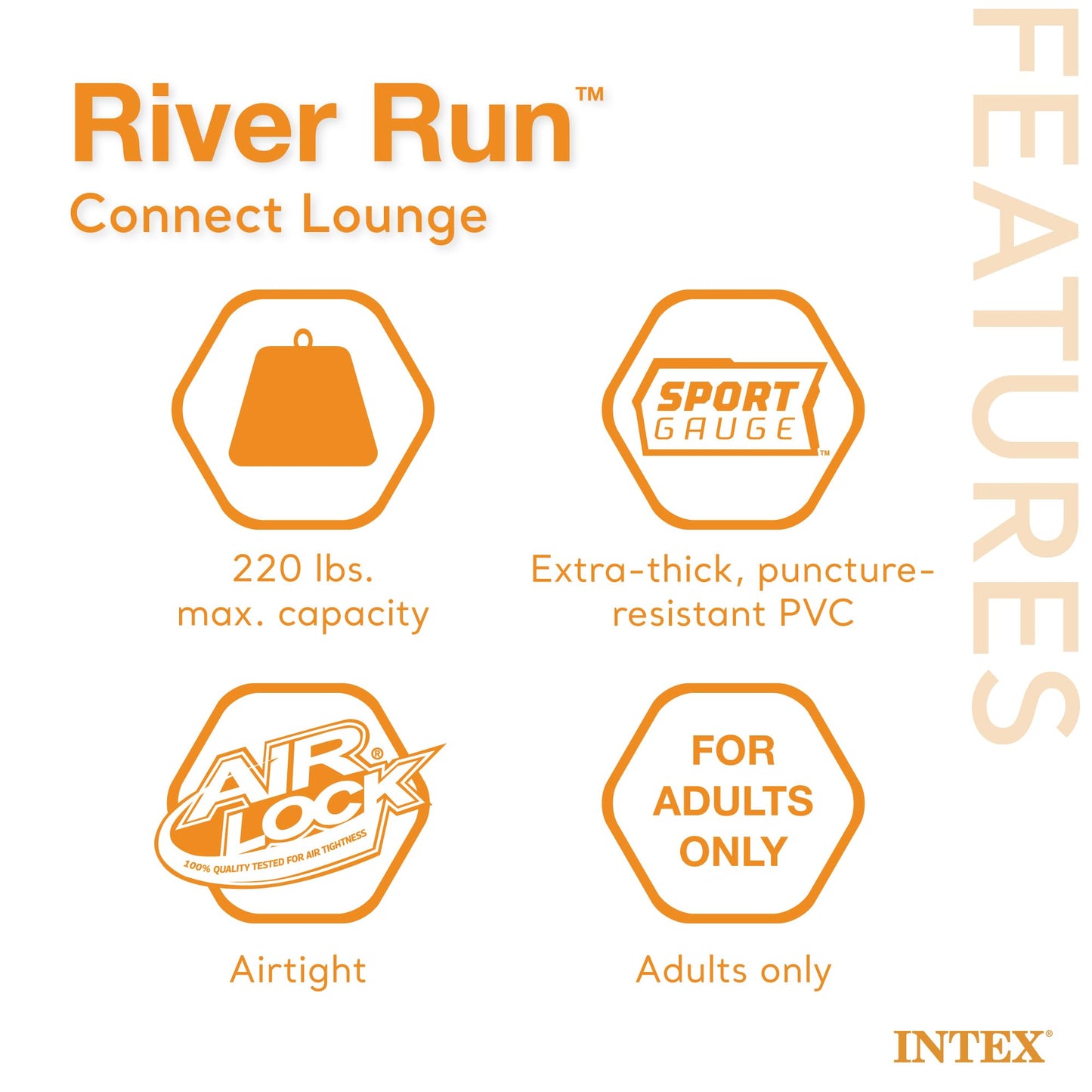 Intex 58854EP River Run Connect Inflatable Floating Lounge — Backrest, Cup Holder, Durable Handles, Connectors | 220 lb Capacity