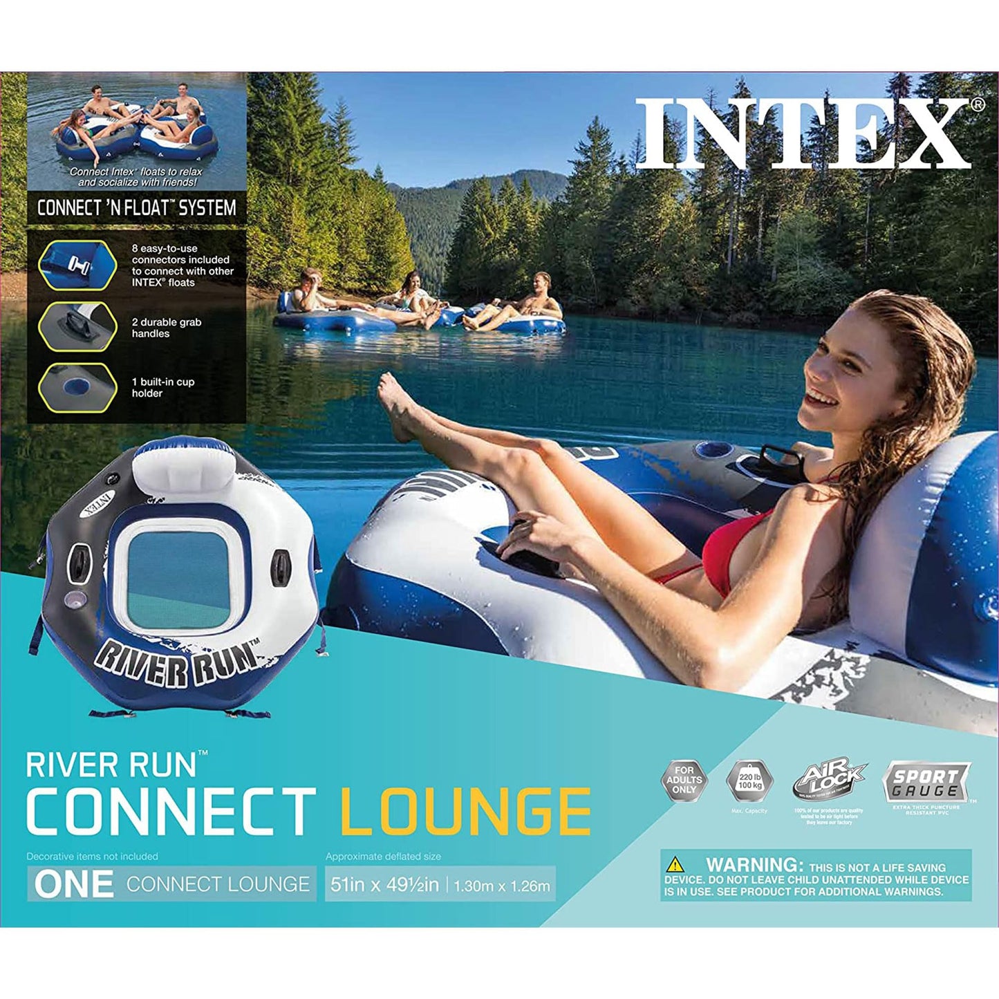 Intex River Run Connect Inflatable Floating Lounge – 4 Pack with Backrest & Cup Holders