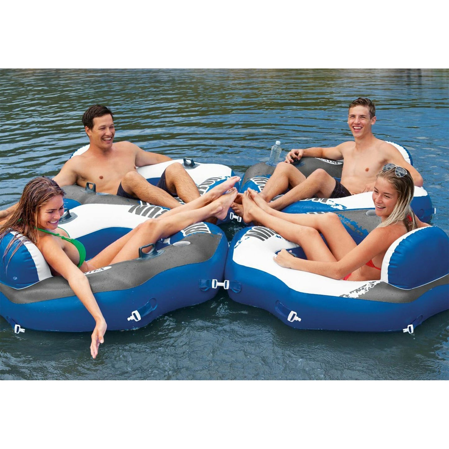 Intex River Run Connect Inflatable Floating Lounge – 4 Pack with Backrest & Cup Holders
