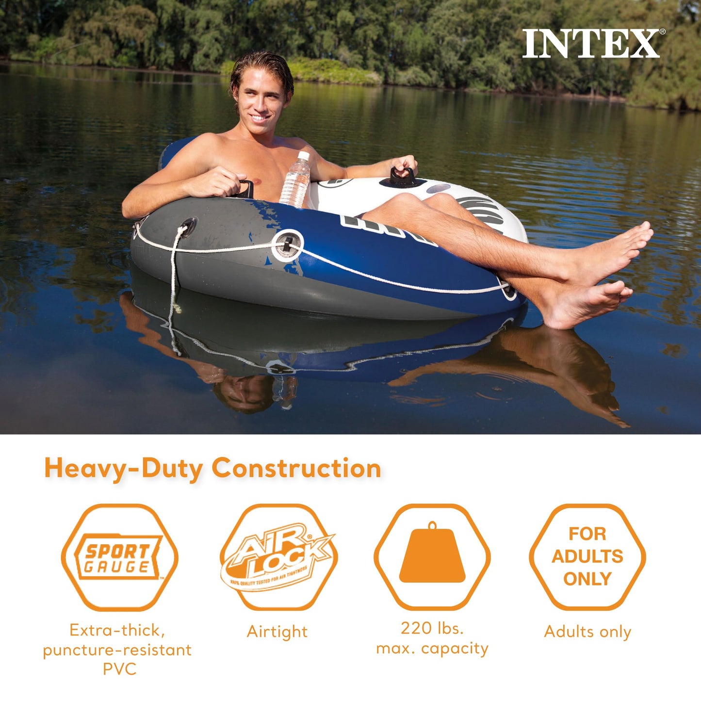 Intex River Run 1-Person Inflatable Floating Lounge Tube – Backrest, Cup Holders, Mesh Bottom (2 Pack)
