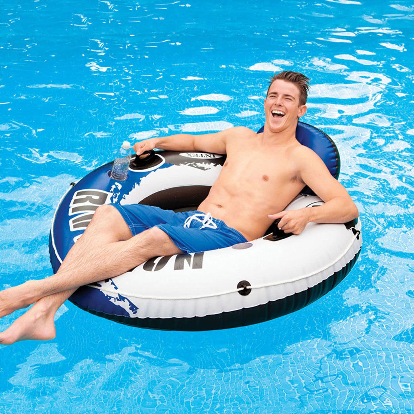 Intex River Run 1-Person Inflatable Floating Lounge Tube – Backrest, Cup Holders, Mesh Bottom (2 Pack)