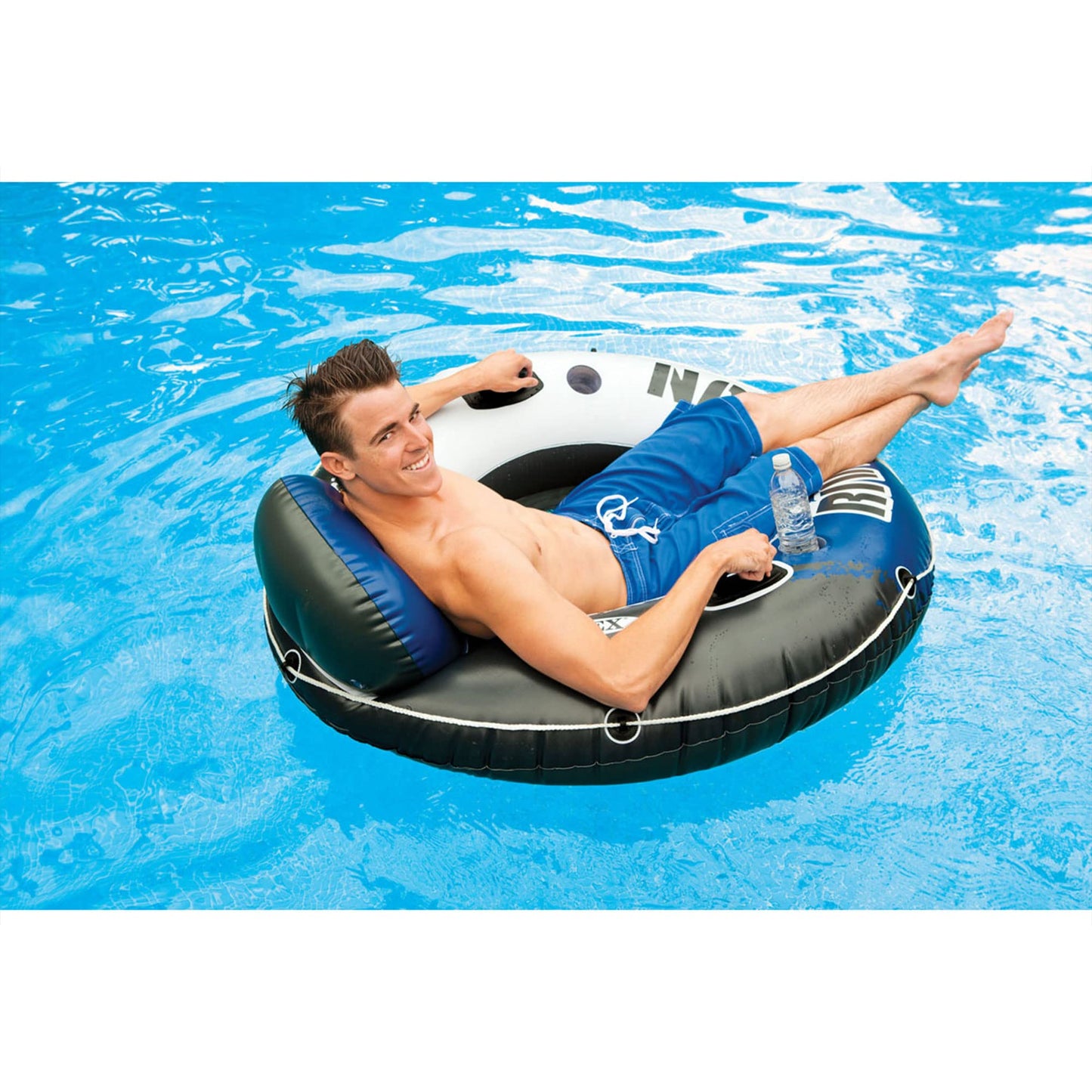 Intex River Run 1-Person Inflatable Floating Lounge Tube – Backrest, Cup Holders, Mesh Bottom (2 Pack)