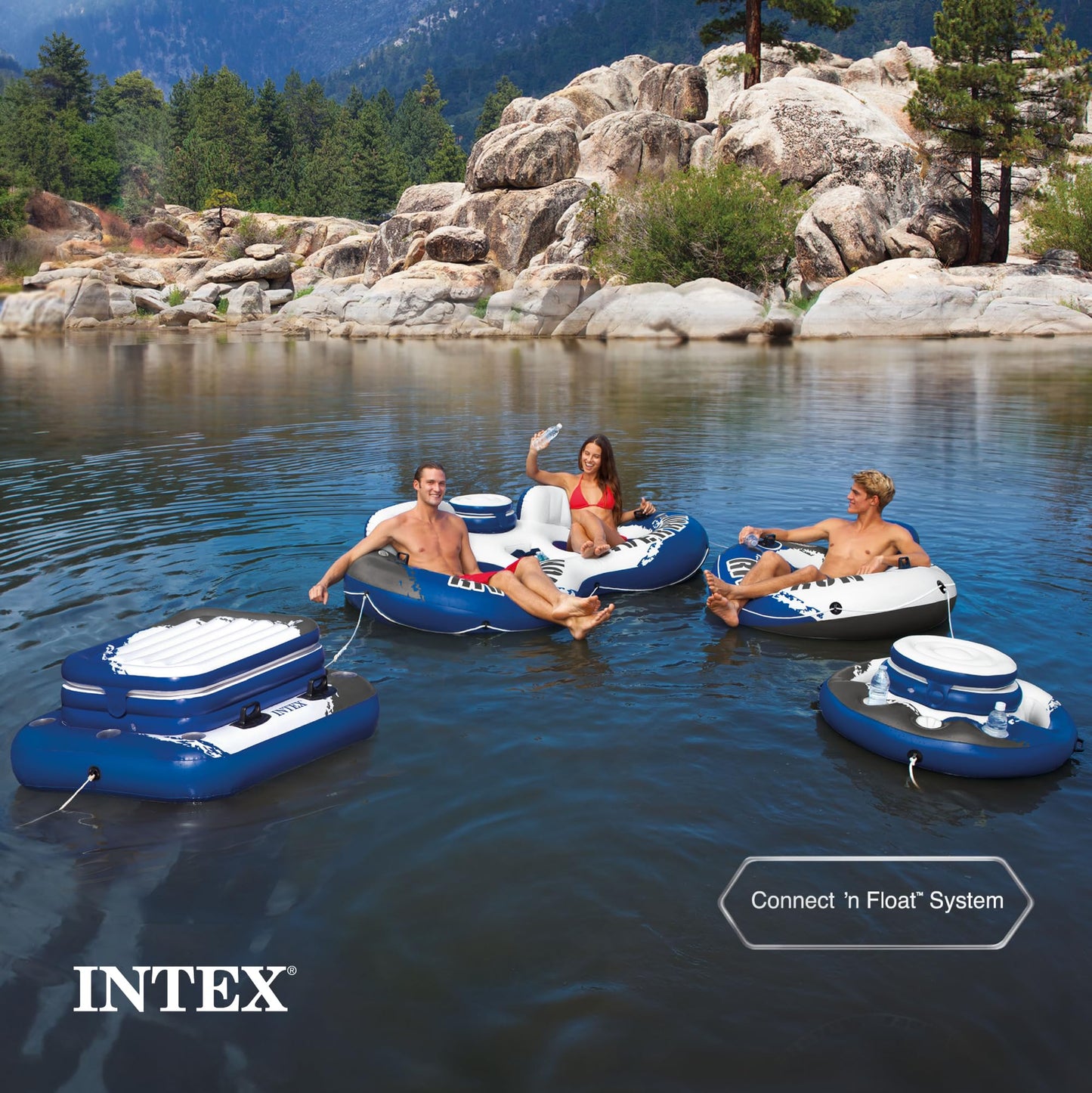 Intex River Run 1-Person Inflatable Floating Lounge Tube – Backrest, Cup Holders, Mesh Bottom (2 Pack)