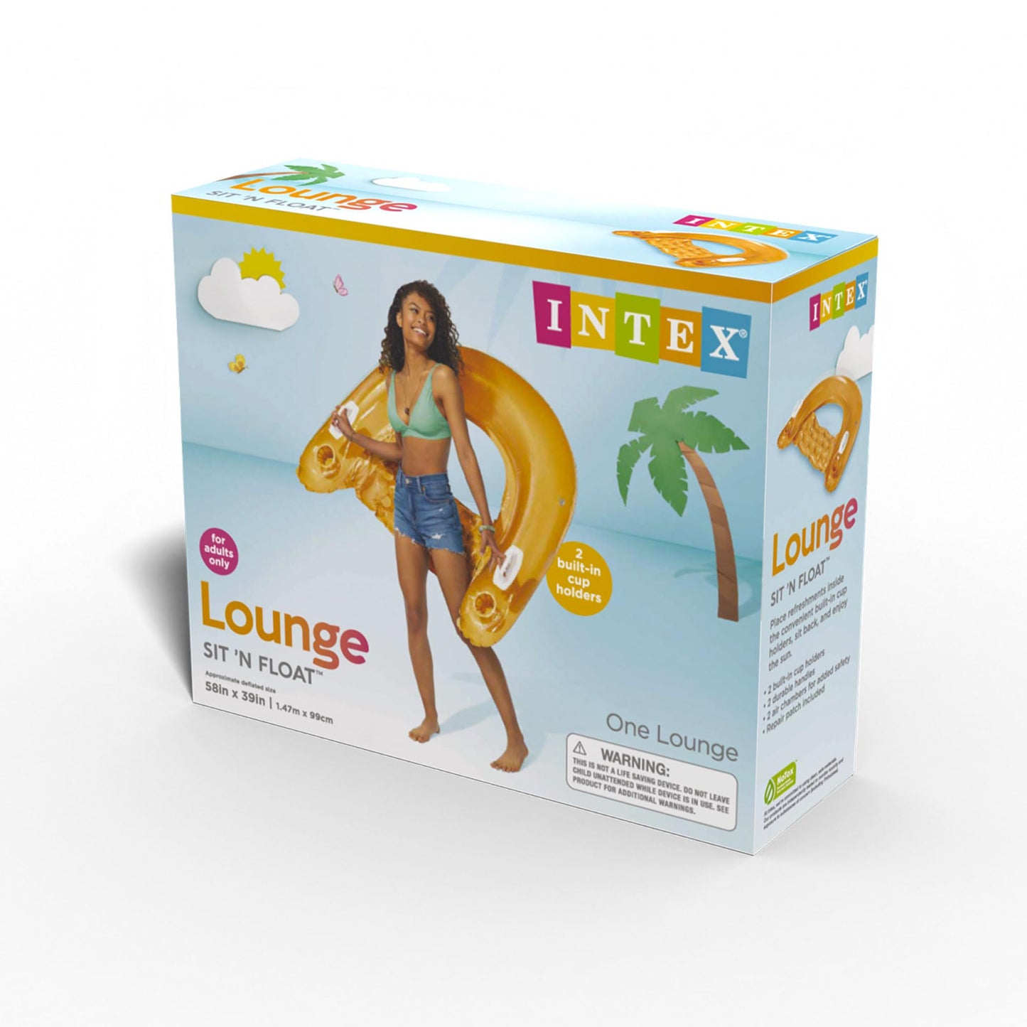 Intex Sit 'N Float Inflatable Pool Lounge with Cup Holders & Backrest – 58x39 in