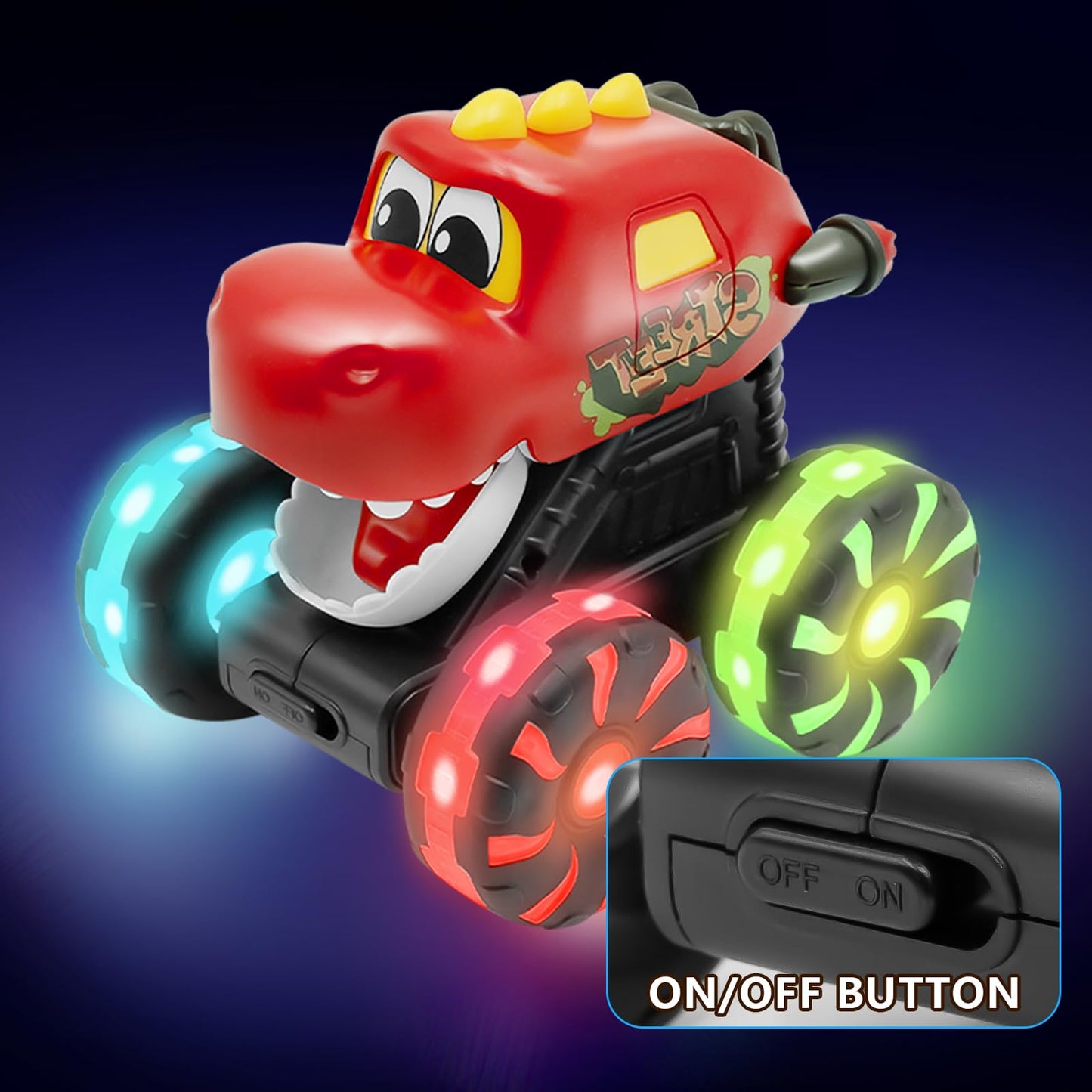 Intoypad Red Chomping Dino Monster Truck Toy – Press & Go Car with LED Light Wheels for Toddlers