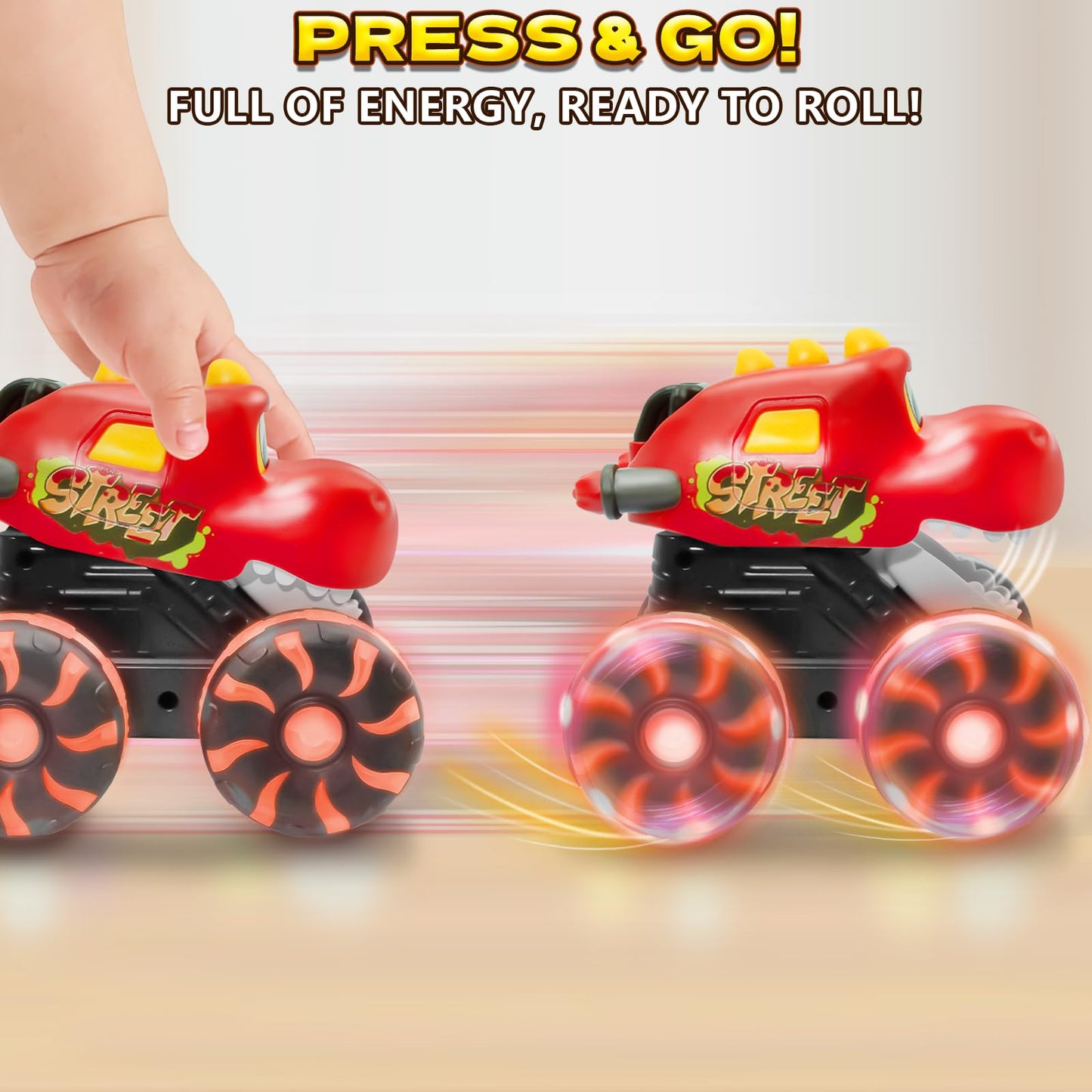 Intoypad Red Chomping Dino Monster Truck Toy – Press & Go Car with LED Light Wheels for Toddlers