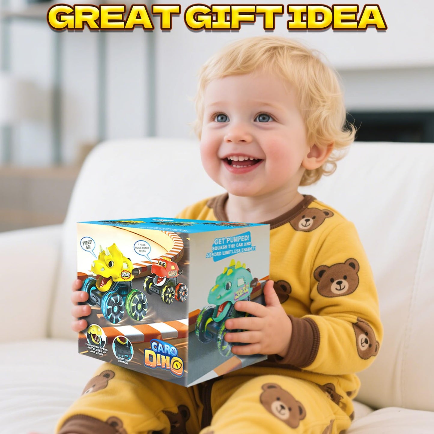Intoypad Red Chomping Dino Monster Truck Toy – Press & Go Car with LED Light Wheels for Toddlers