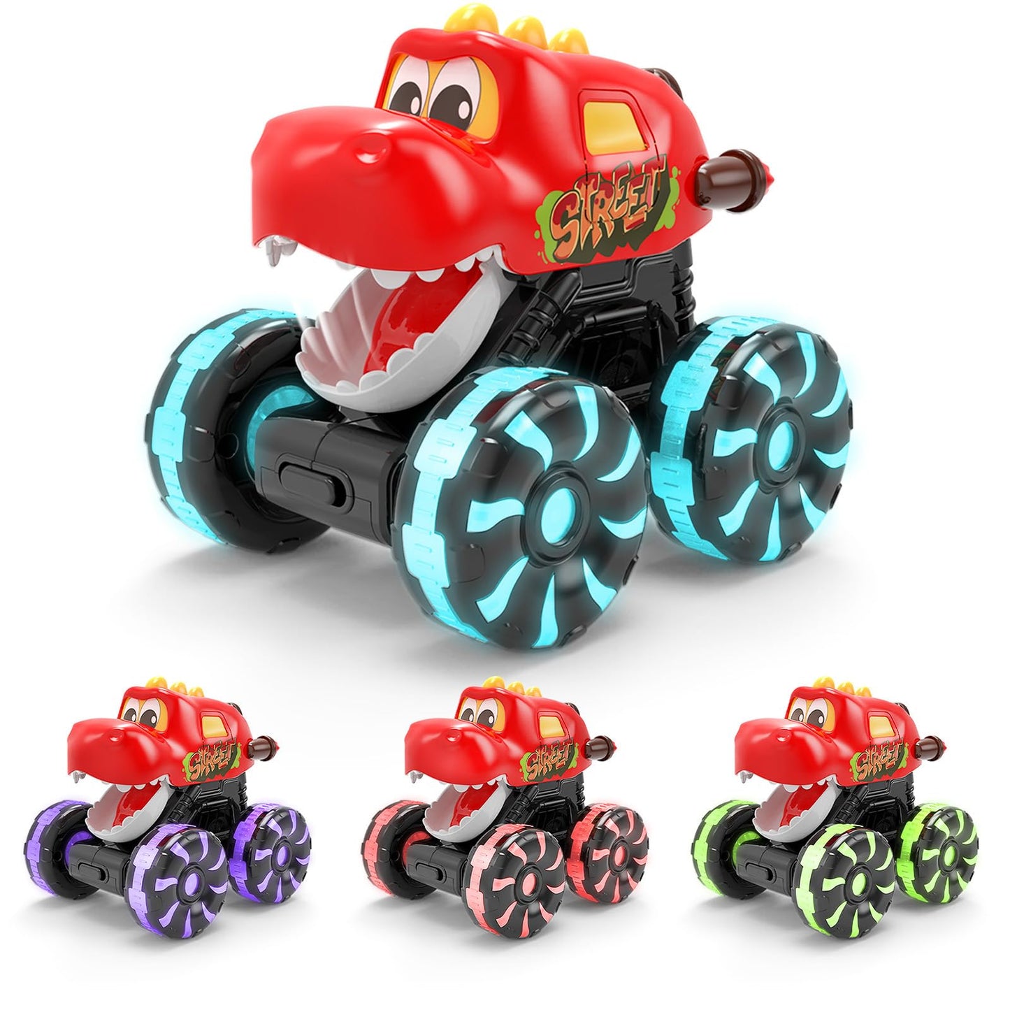 Intoypad Red Chomping Dino Monster Truck Toy – Press & Go Car with LED Light Wheels for Toddlers
