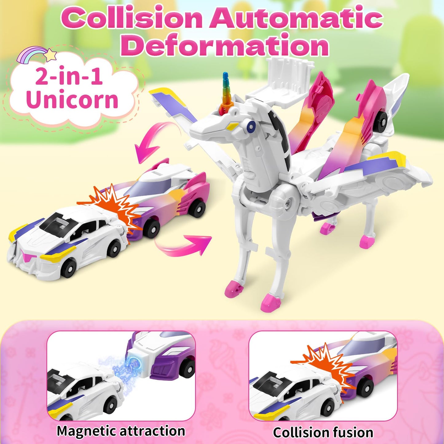 Intoypad Unicorn Collision Transforming Cars Toy – 2-in-1 Magnetic Unicorn Cars for Kids 3-8