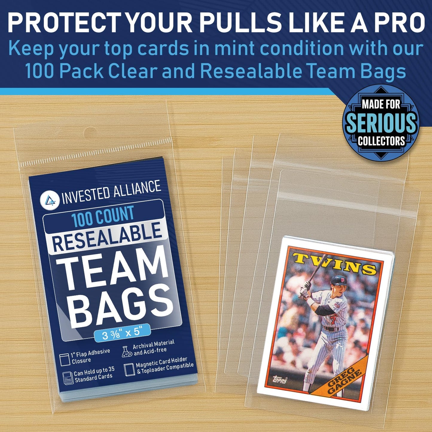 Invested Alliance Resealable Team Bags for Trading Cards — 100 Count, Clear, Acid-Free, Fits Top Loaders & Magnetic Holders