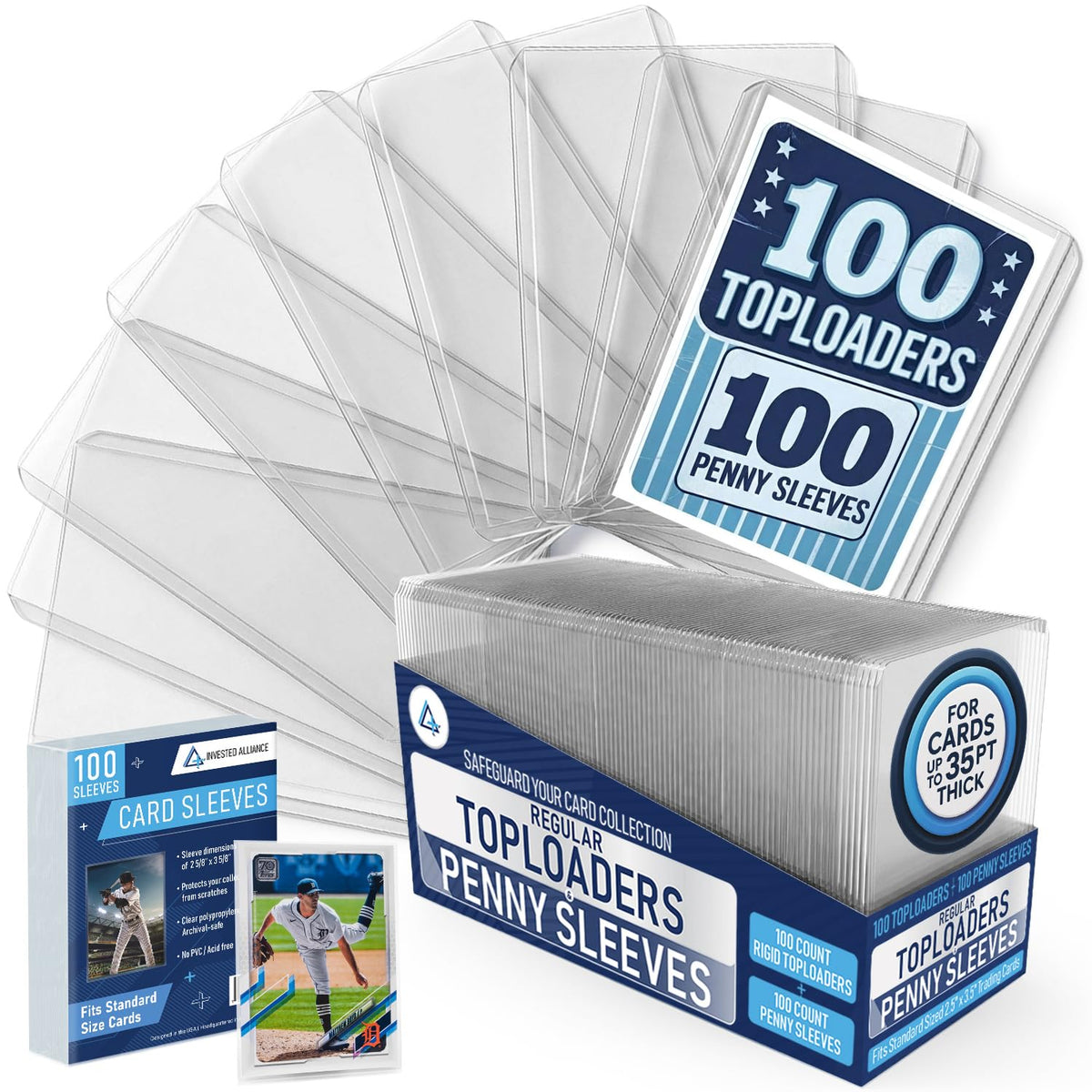 Invested Alliance Regular 3x4 Rigid Card Top Loaders & Sleeves | 100 Toploaders + 100 Penny Sleeves Bulk Pack