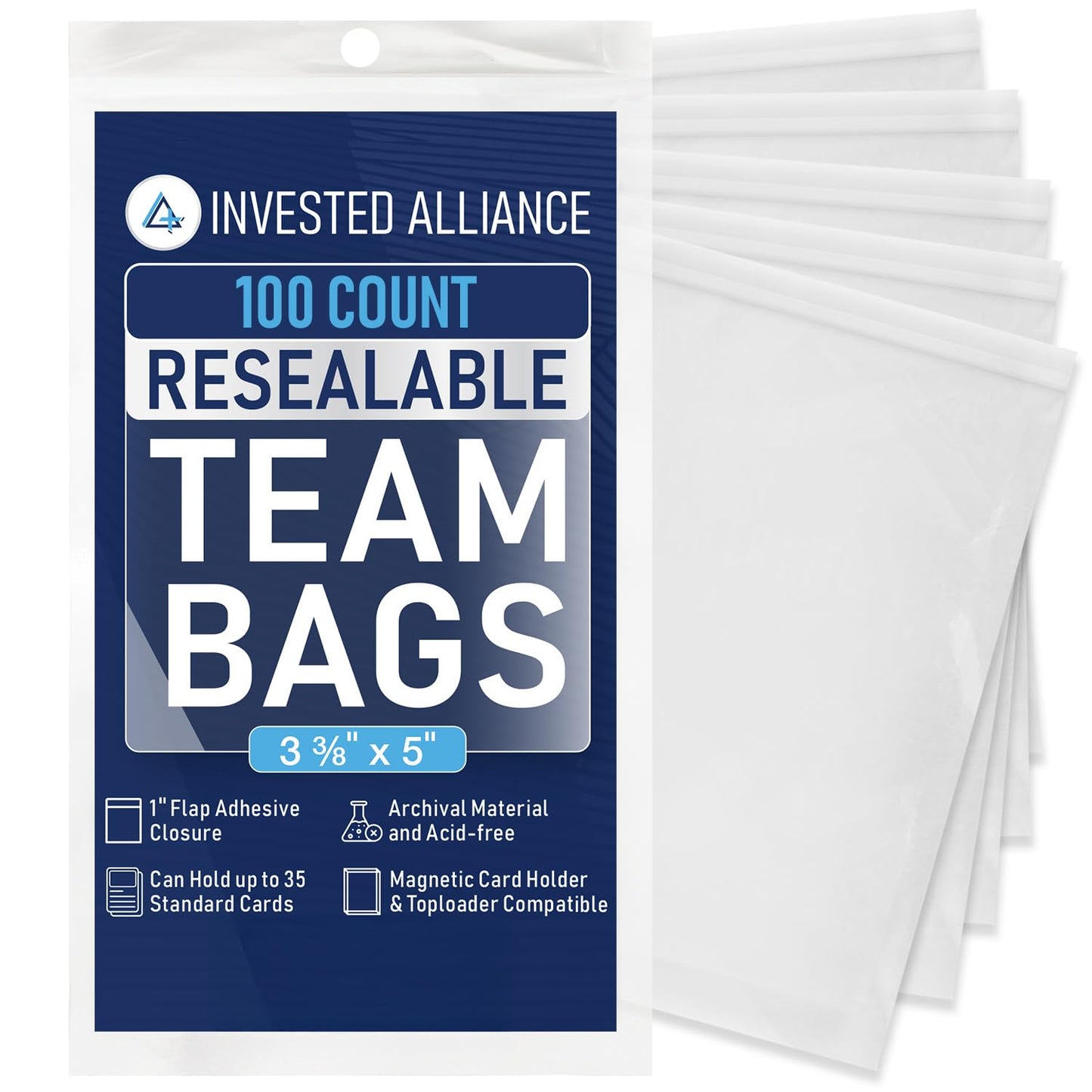 Invested Alliance Resealable Team Bags for Trading Cards — 100 Count, Clear, Acid-Free, Fits Top Loaders & Magnetic Holders