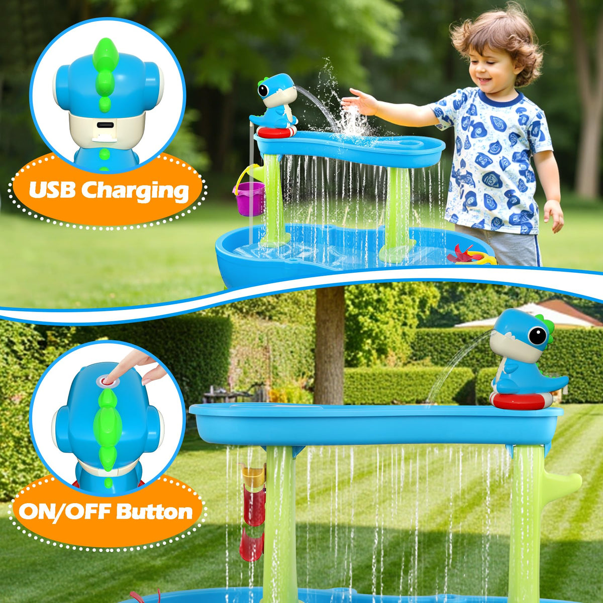 inzerwudi Dinosaur Water Table Pump Blue – Rechargeable Cordless Outdoor Water Toy