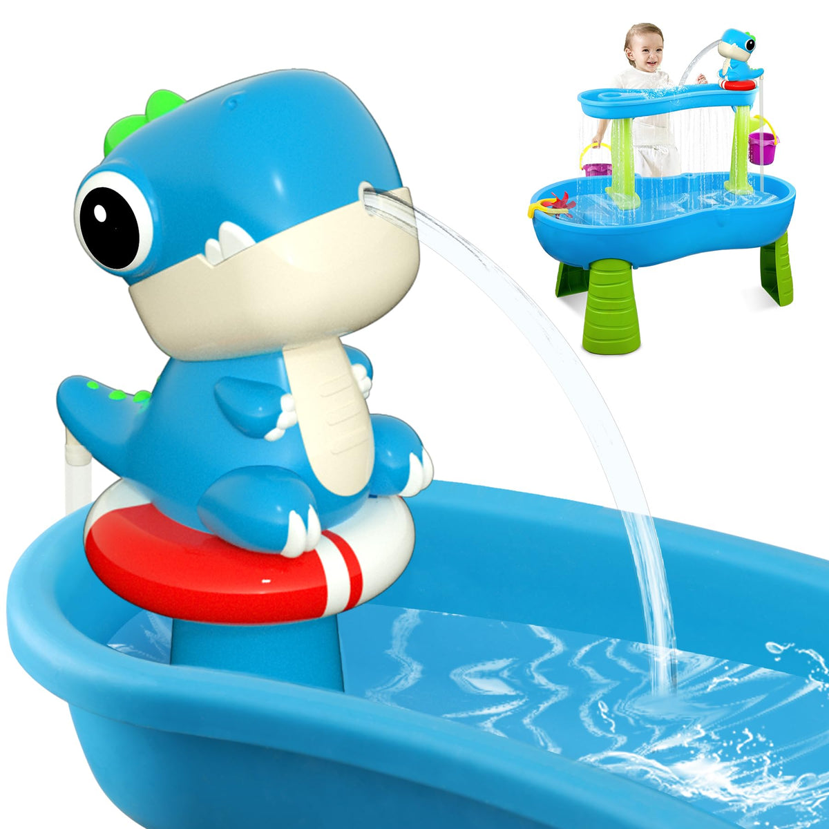 inzerwudi Dinosaur Water Table Pump Blue – Rechargeable Cordless Outdoor Water Toy