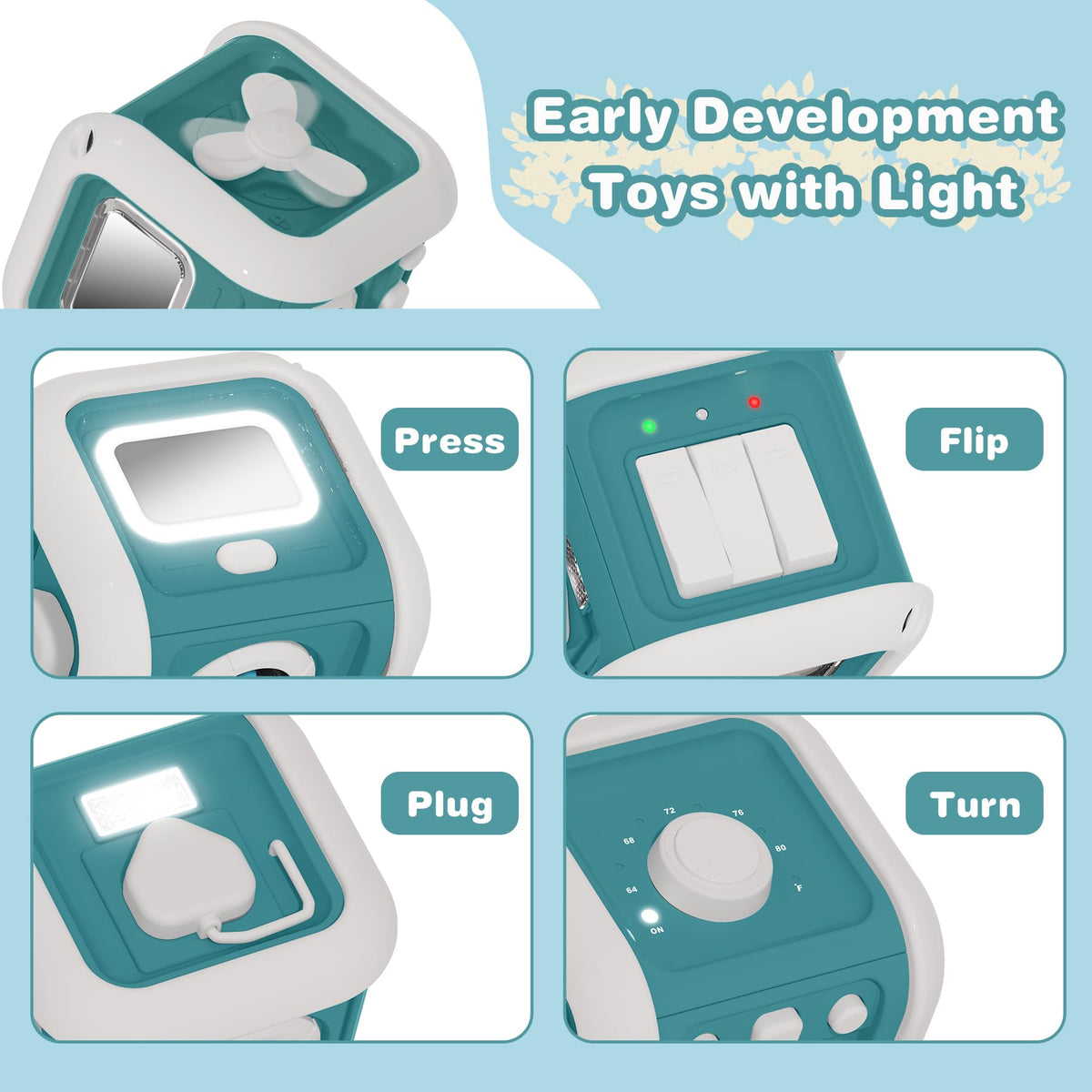 inzerwudi montessori busy board - 6-in-1 light-up travel toy for 12-18 months