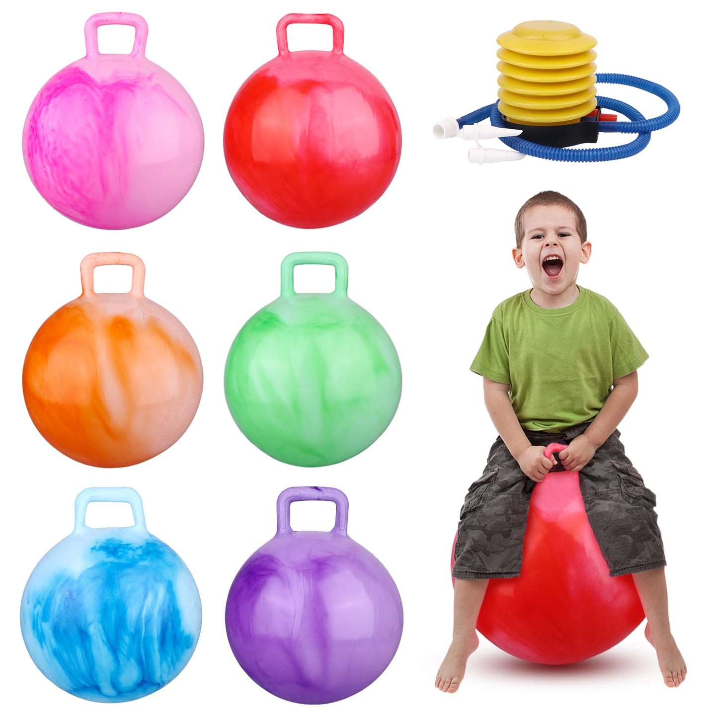 Ioffersuper 6 Pcs Bouncing Hopper Ball with Handle - 18 Inch Marbled Colors