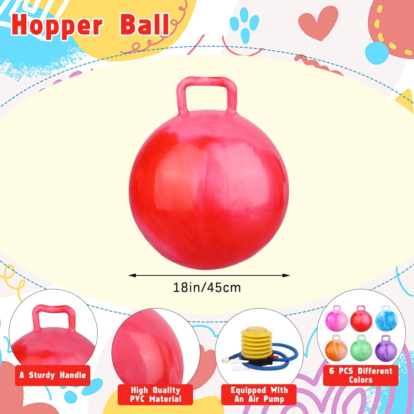 Ioffersuper 6 Pcs Bouncing Hopper Ball with Handle - 18 Inch Marbled Colors