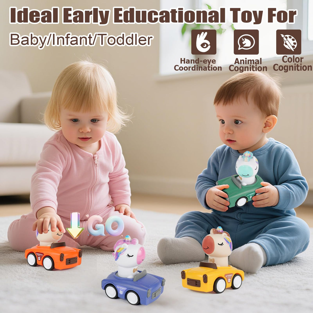 IOMDRWU Press to Go Animal Cars for Toddlers 1-3 – Friction-Powered Push Cars