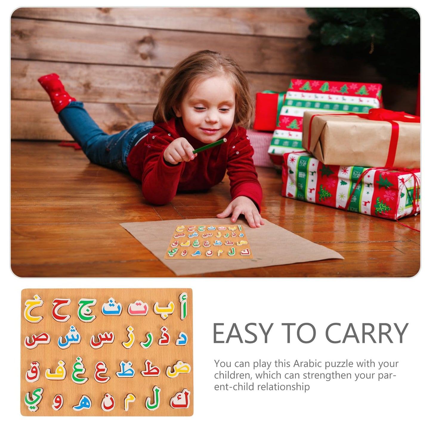 Ipetboom Wooden Arabic Alphabet Puzzle Board – Montessori Letters, Numbers & Words for Toddlers