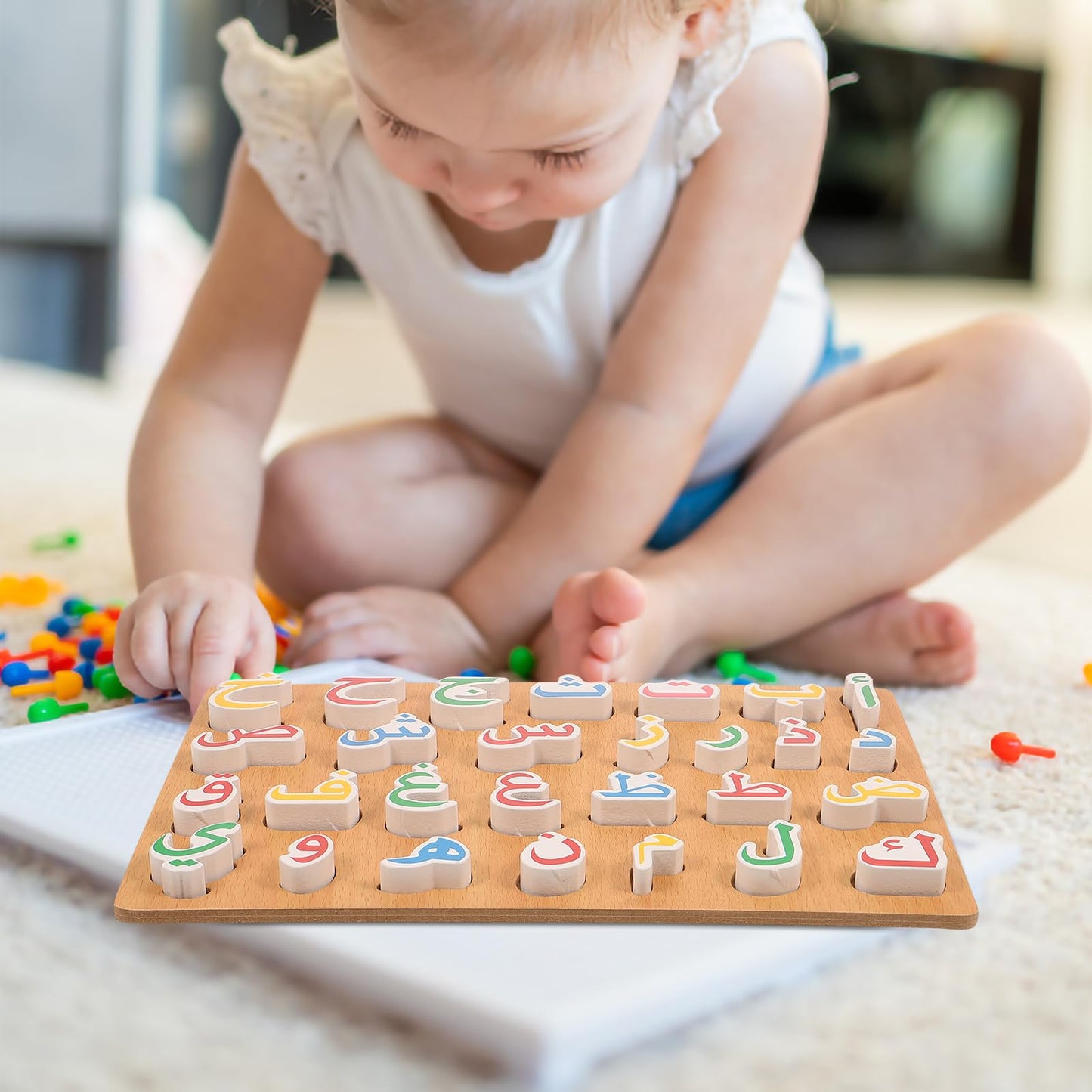 Ipetboom Wooden Arabic Alphabet Puzzle Board – Montessori Letters, Numbers & Words for Toddlers