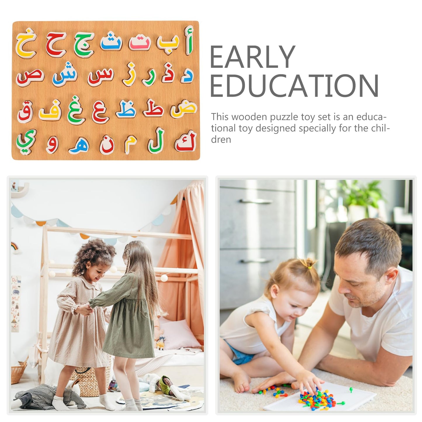 Ipetboom Wooden Arabic Alphabet Puzzle Board – Montessori Letters, Numbers & Words for Toddlers