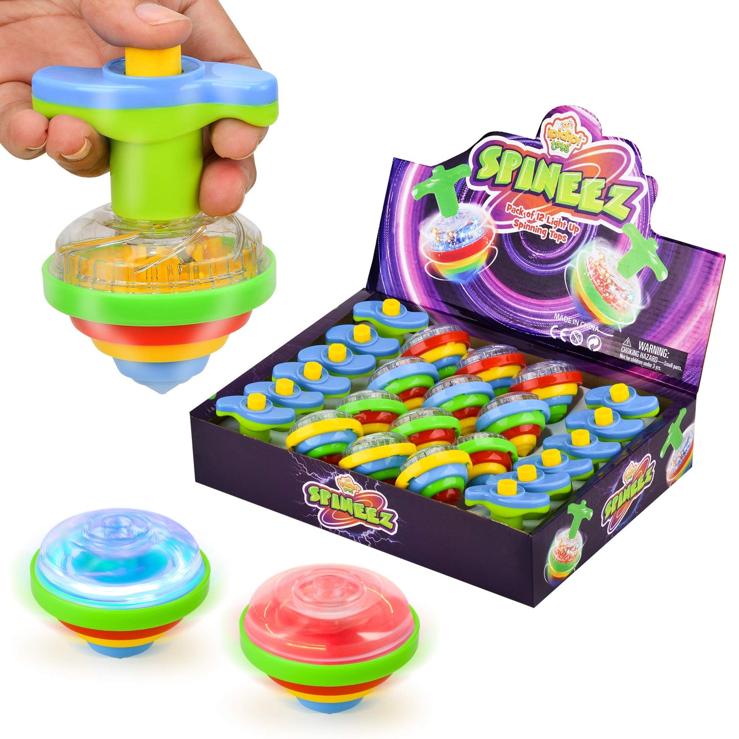 IPIDIPI TOYS Spineez Light Up Spinning Tops – 12-Pack LED Spinner Toys (Blue)