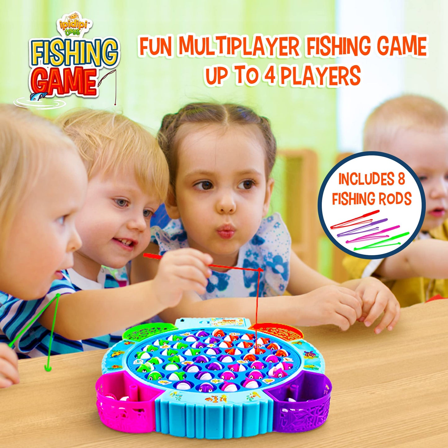 IPIDIPI TOYS Fishing Game for Kids — 45 Magnetic Fish, 8 Poles, Rotating Board