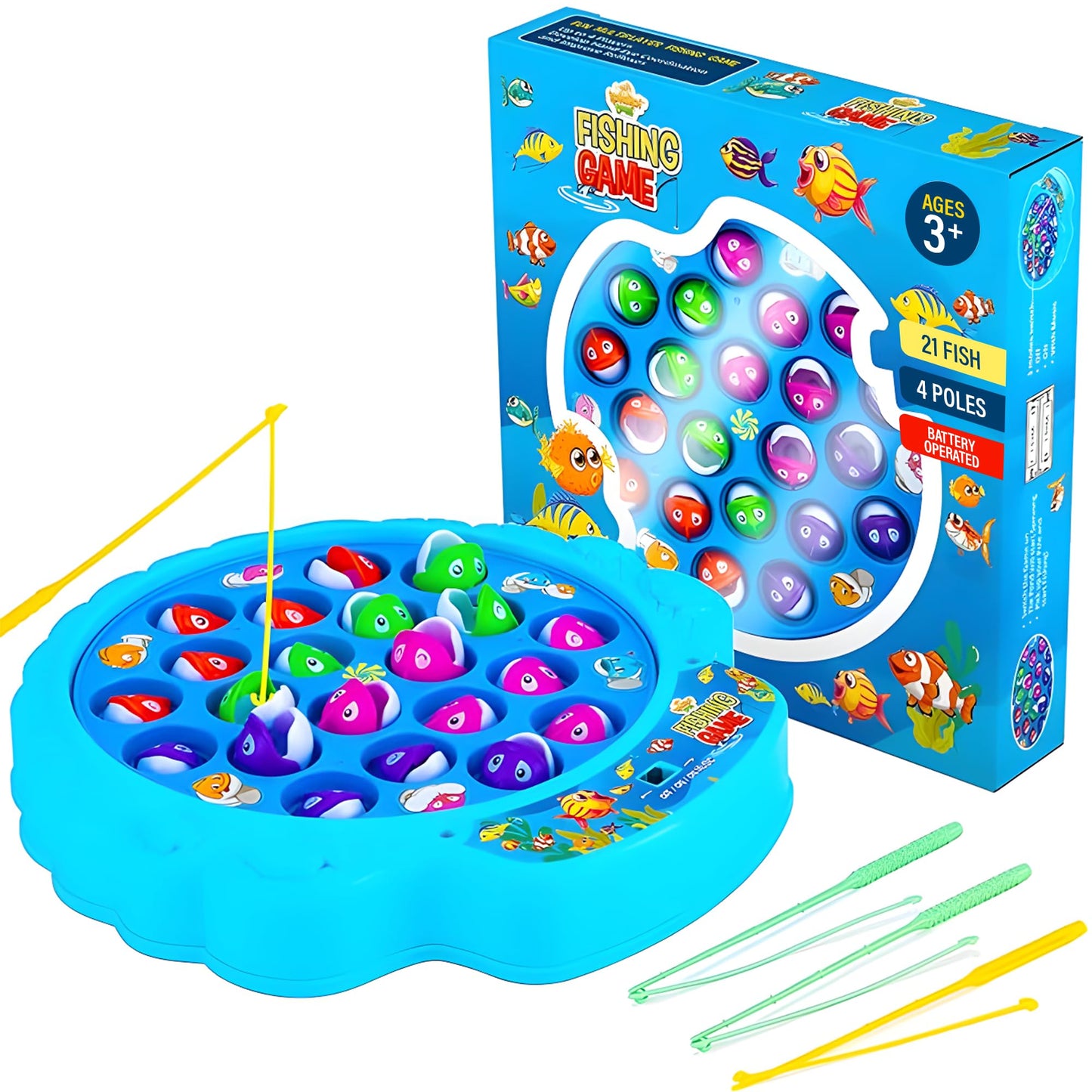 IPIDIPI TOYS Fishing Game for Kids | 21 Fish, 4 Poles, Rotating Board & Music | Skill Building Toy for 3+ | Blue