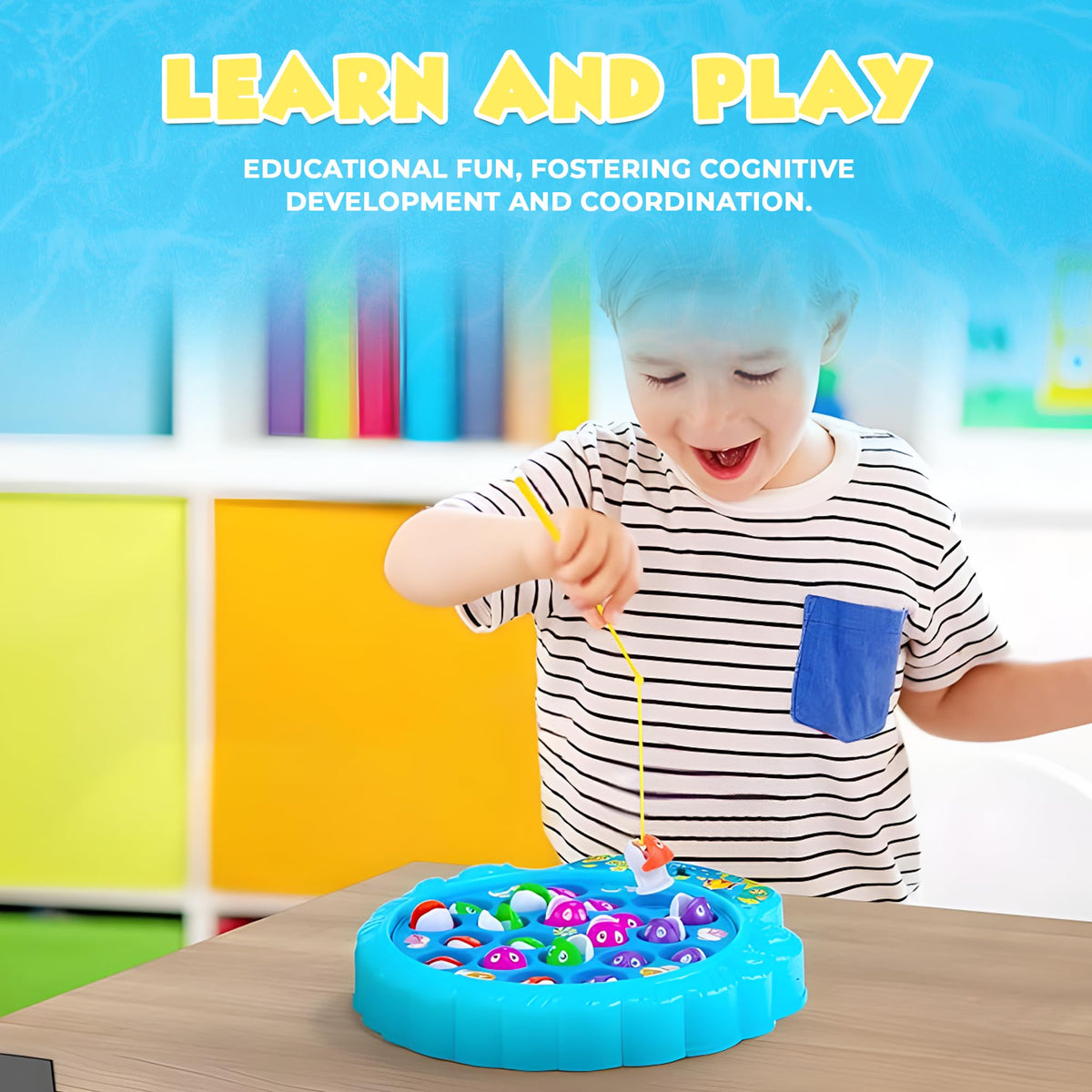 IPIDIPI TOYS Fishing Game for Kids | 21 Fish, 4 Poles, Rotating Board & Music | Skill Building Toy for 3+ | Blue