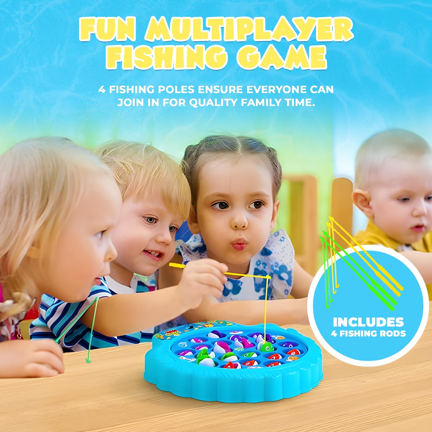 IPIDIPI TOYS Fishing Game for Kids | 21 Fish, 4 Poles, Rotating Board & Music | Skill Building Toy for 3+ | Blue