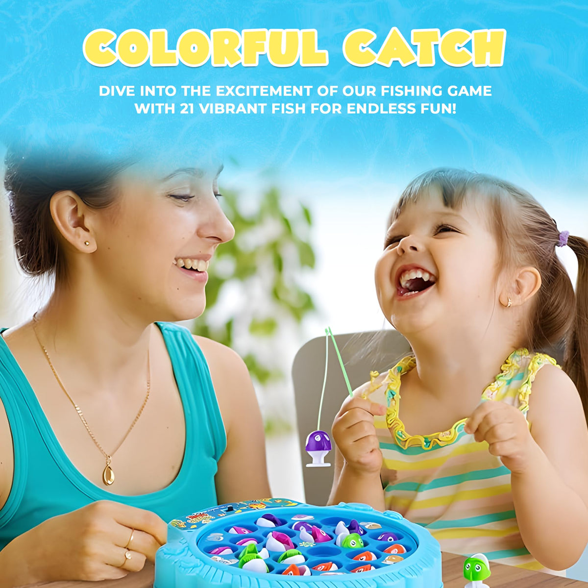 IPIDIPI TOYS Fishing Game for Kids | 21 Fish, 4 Poles, Rotating Board & Music | Skill Building Toy for 3+ | Blue