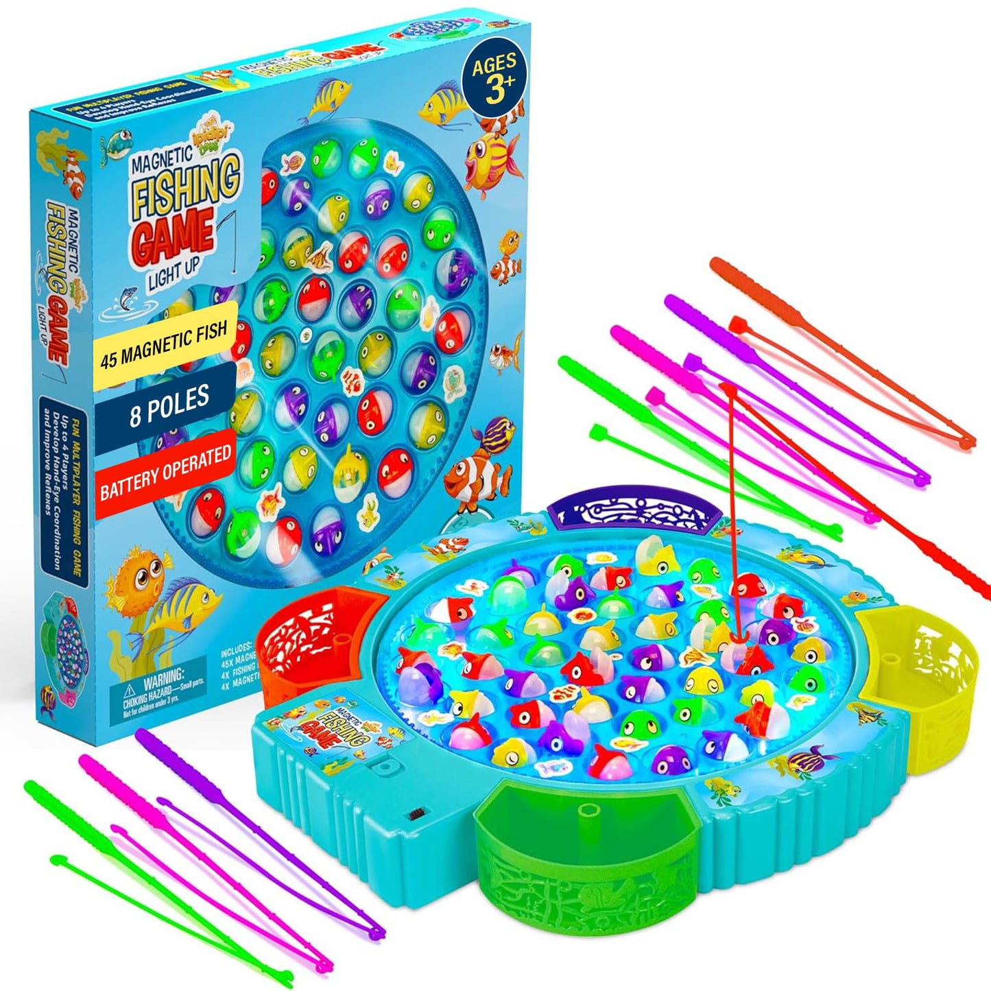 IPIDIPI TOYS Fishing Game for Kids — 45 Magnetic Fish, 8 Poles, Rotating Board