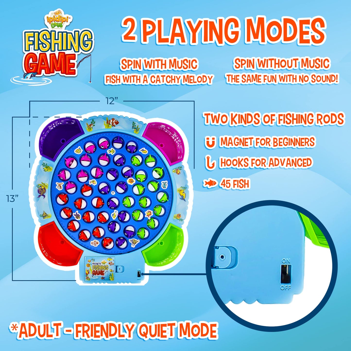 IPIDIPI TOYS Fishing Game for Kids — 45 Magnetic Fish, 8 Poles, Rotating Board