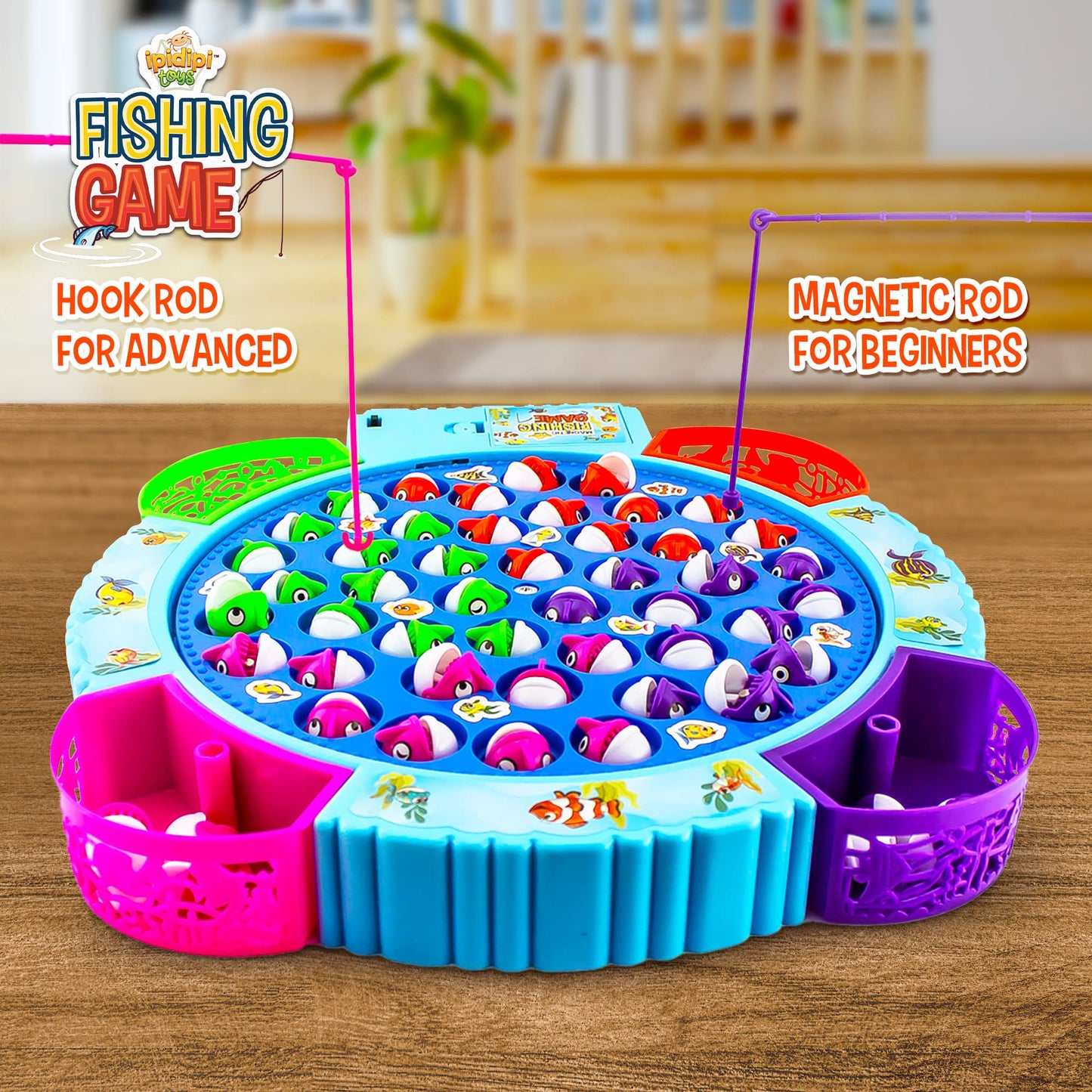 IPIDIPI TOYS Fishing Game for Kids — 45 Magnetic Fish, 8 Poles, Rotating Board