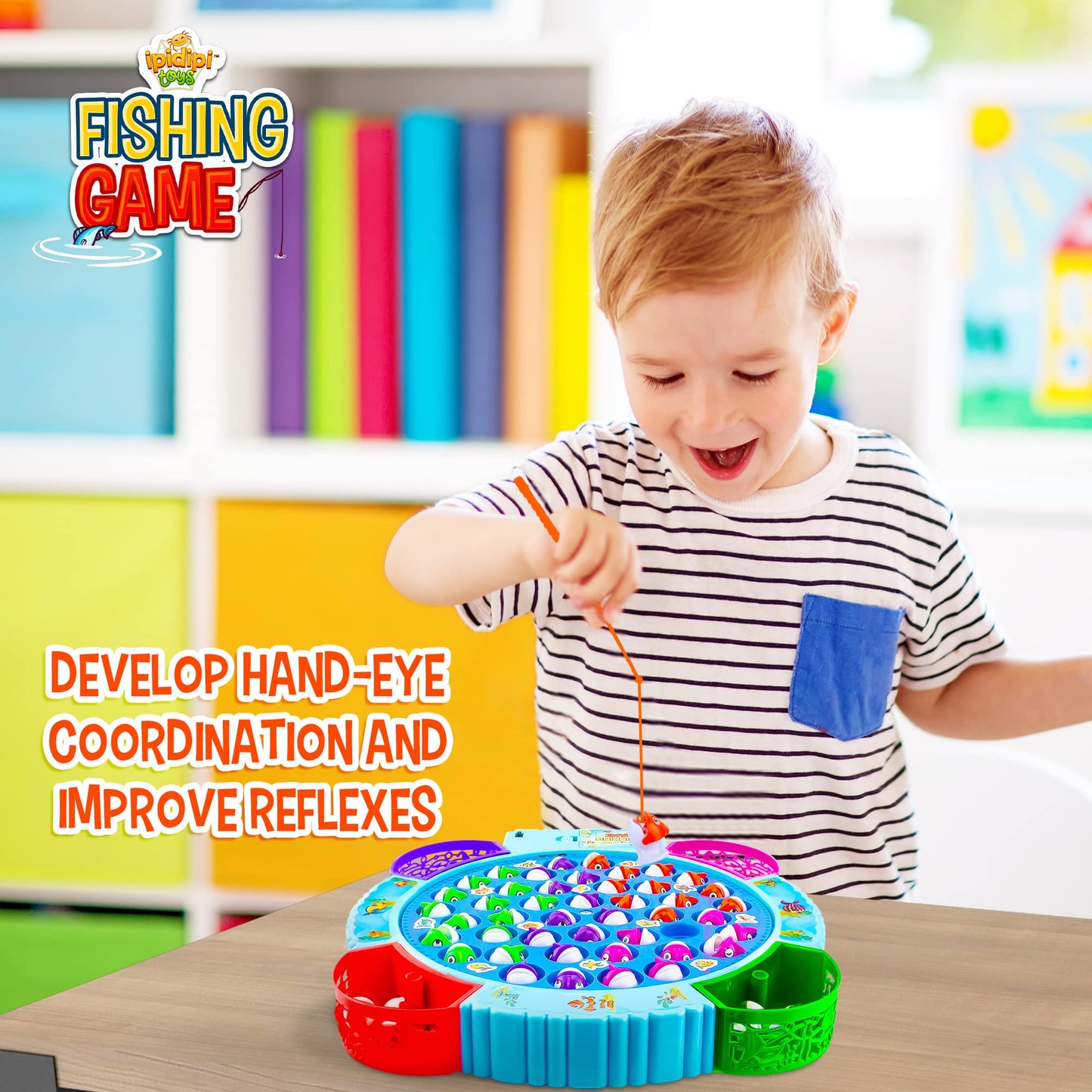 IPIDIPI TOYS Fishing Game for Kids — 45 Magnetic Fish, 8 Poles, Rotating Board