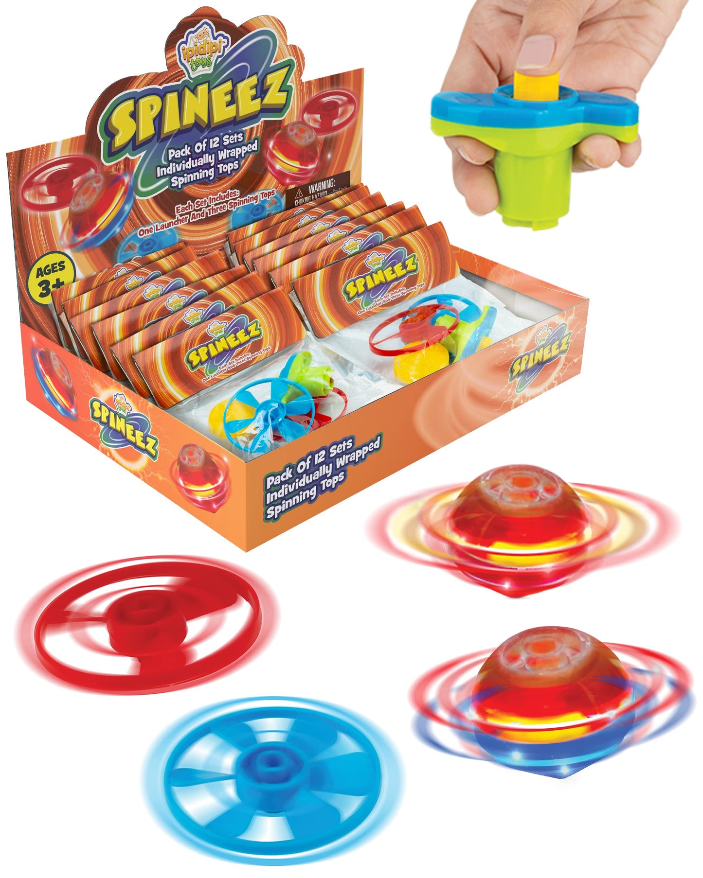 IPIDIPI TOYS Spineez Light Up Flying Saucer Spinning Tops – 12-Pack UFO Spinner Toys (Orange)