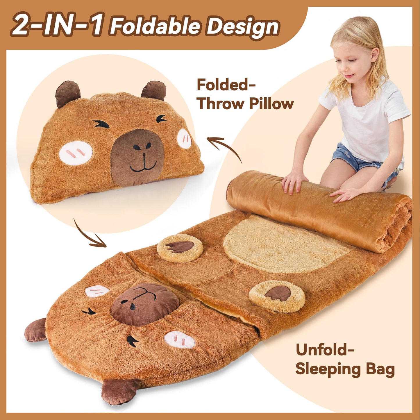 iPlay iLearn Capybara Slumber Bag – Plush 2-in-1 Nap Mat for Kids (Ages 3-12)